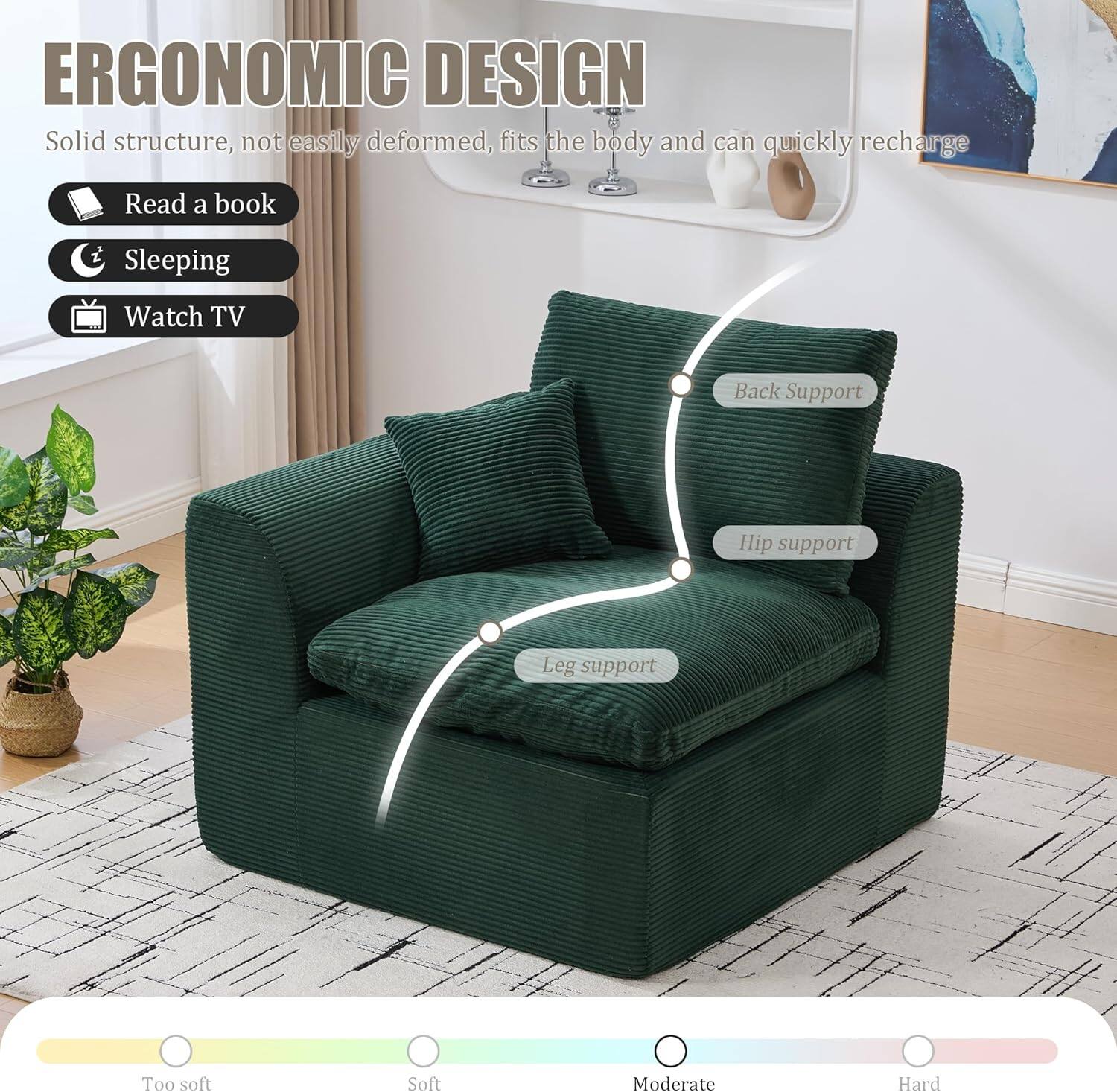 **ERGONOMIC DESIGN**

Solid structure, not easily deformed, fits the body and can quickly recharge

- Read a book
- Sleeping
- Watch TV

**Supports:**
- Back Support
- Hip support
- Leg support

**Comfort Levels:**
- Too soft
- Soft
- Moderate
- Hard