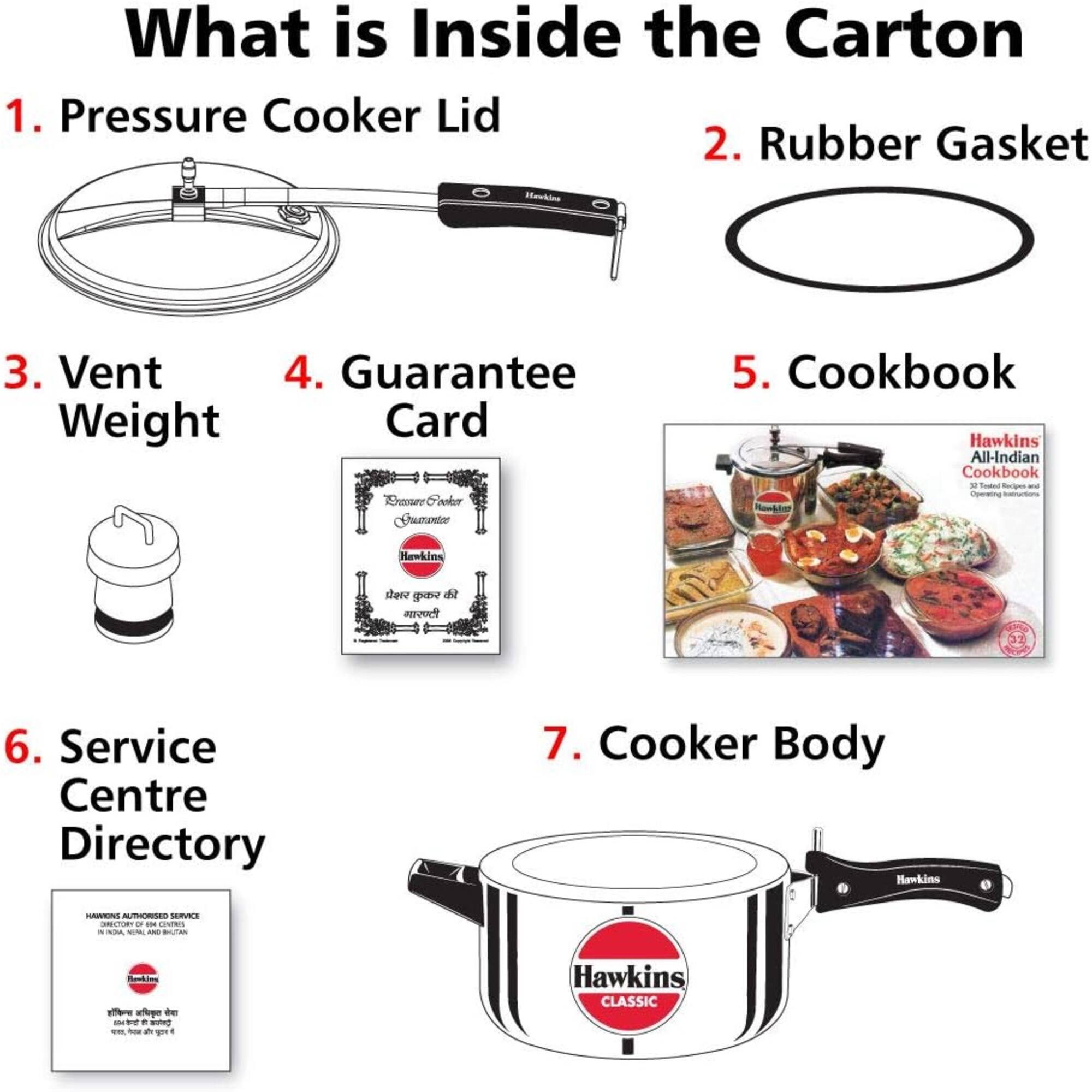 What is Inside the Carton  
1. Pressure Cooker Lid  
2. Rubber Gasket  
3. Vent Weight  
4. Guarantee Card  
5. Cookbook Hawkins All-Indian Cookbook 32 Tested Recipes and Instructions  
6. Service Centre Directory  
7. Cooker Body Hawkins  

HAWKINS AUTHORISED SERVICE DIRECTORY OF CENTRES IN INDIA, NAM, AND BHUTAN