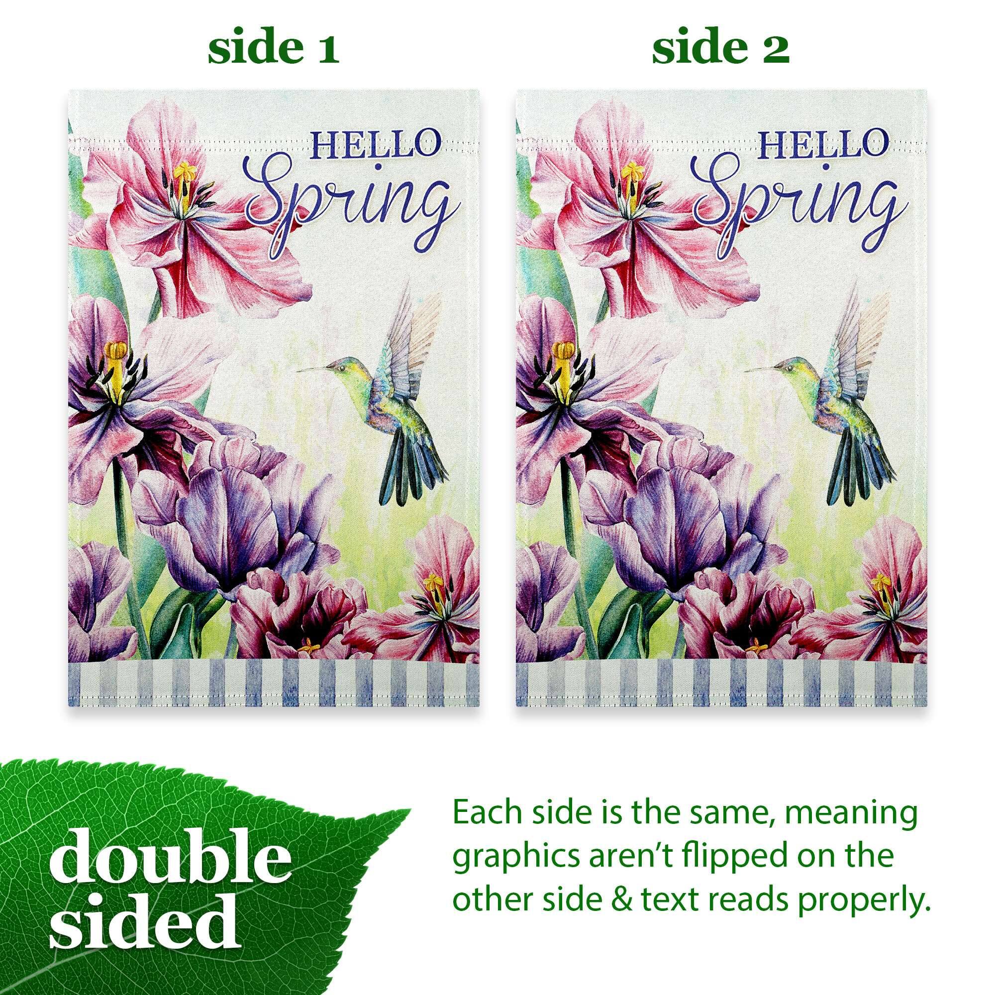 side 1 side 2  
HELLO Spring  
HELLO Spring  
double sided  
Each side is the same, meaning graphics aren't flipped on the other side & text reads properly.