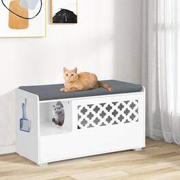 Gymax - Cat Litter Box Enclosure w/ Removable Cushion & Flip-Down Opening Modern - White
