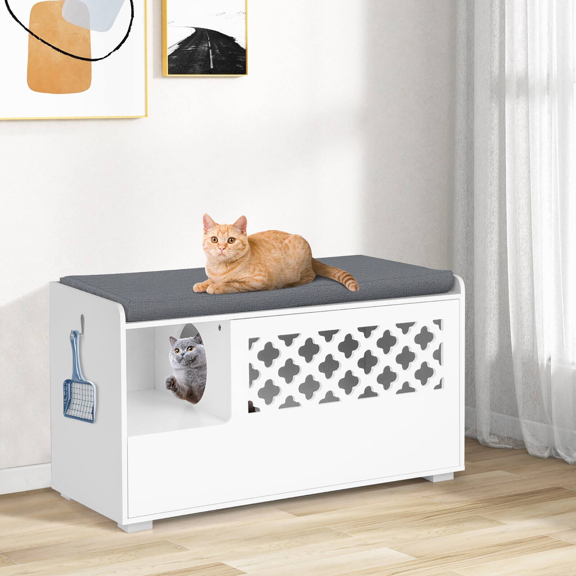 Front. Gymax - Gymax Cat Litter Box Enclosure w/ Removable Cushion & Flip-Down Opening Modern White - White.
