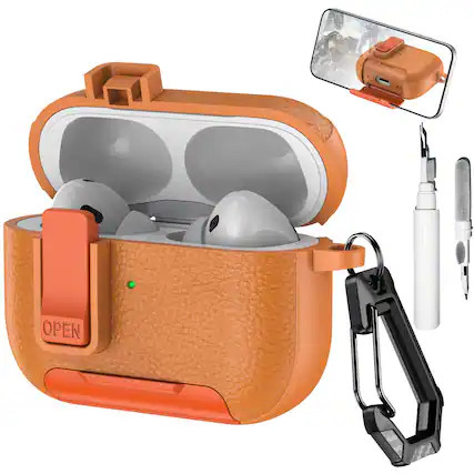 Front. Dteck - Case for Apple Airpods Pro 2nd Gen (2022) with Phone Holder & Keychain,Leather Texture Earbuds Cover for Man Women - Orange.