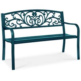 Best Choice Products - Outdoor Steel Bench Garden Patio Porch Furniture w/ Floral Design Backrest - Peacock Blue