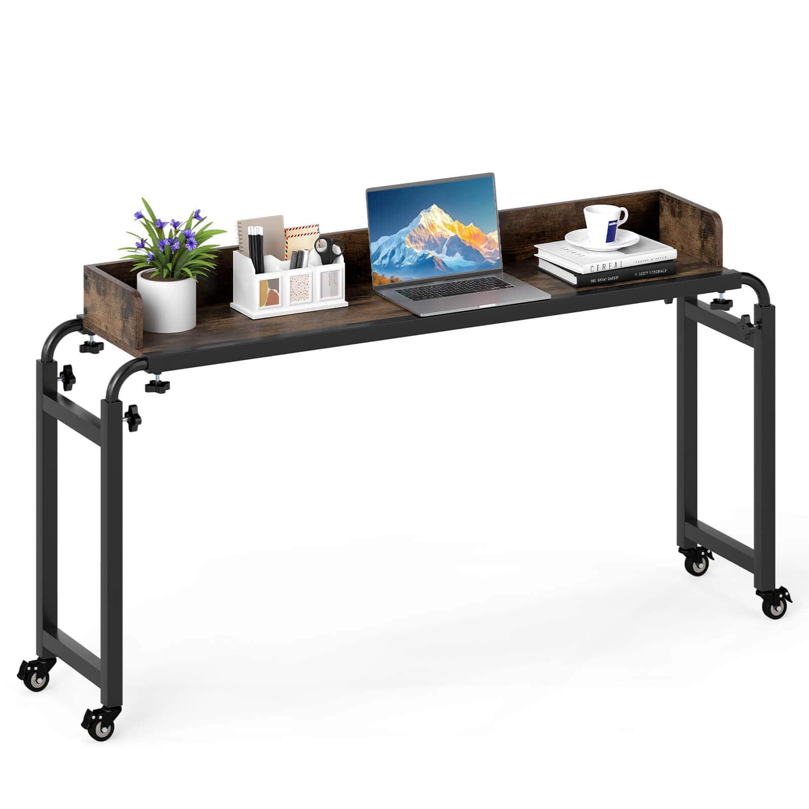 Costway - Overbed Desk with Wheels with Adjustable Height & Length, Metal Frame for Bedroom - Brown