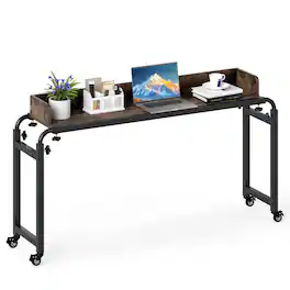 Costway - Overbed Desk with Wheels with Adjustable Height & Length, Metal Frame for Bedroom - Brown