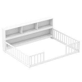 Costway - Full Size Montessori Floor Bed with Bookcase Storage Shelves & Safety Fence Rails - White