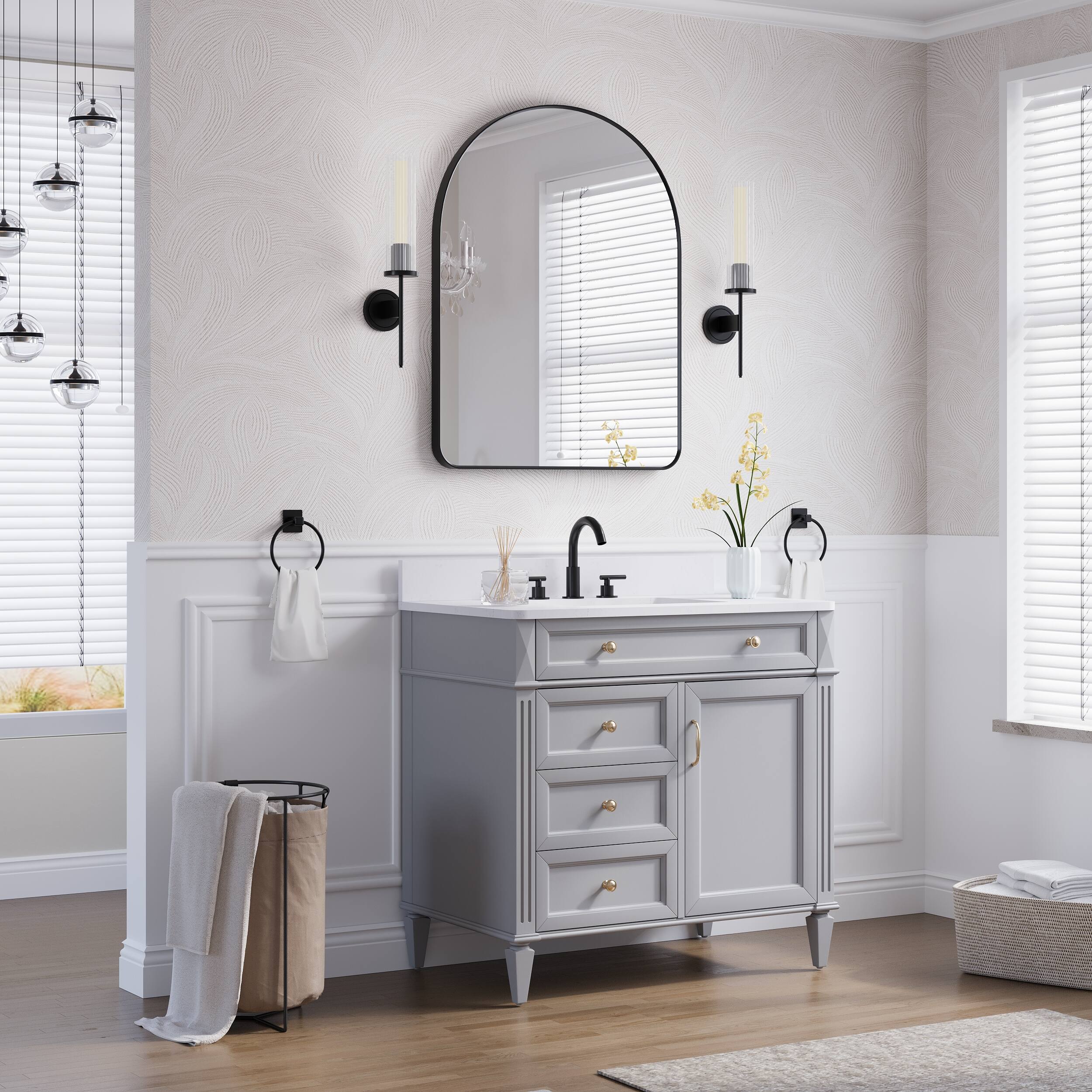Left. WELLFOR - 28 in. W x 36 in. H Arch Anodized Aluminum Framed Bathroom Vanity Mirror - Matte Black.