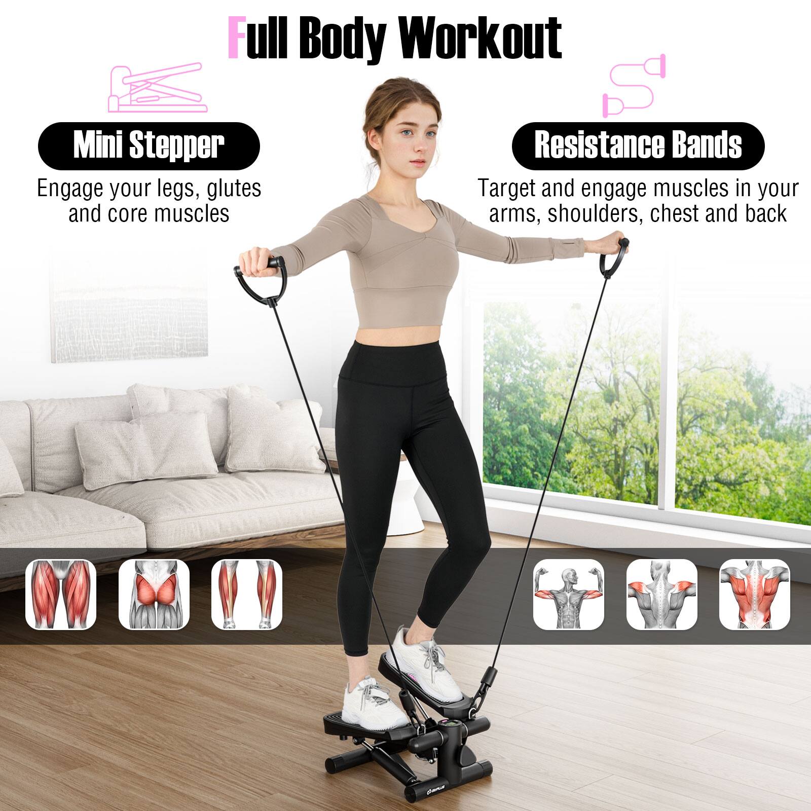 Full Body Workout Mini Stepper: Engage your legs, glutes, and core muscles.
Resistance Bands: Target and engage muscles in your arms, shoulders, chest, and back.