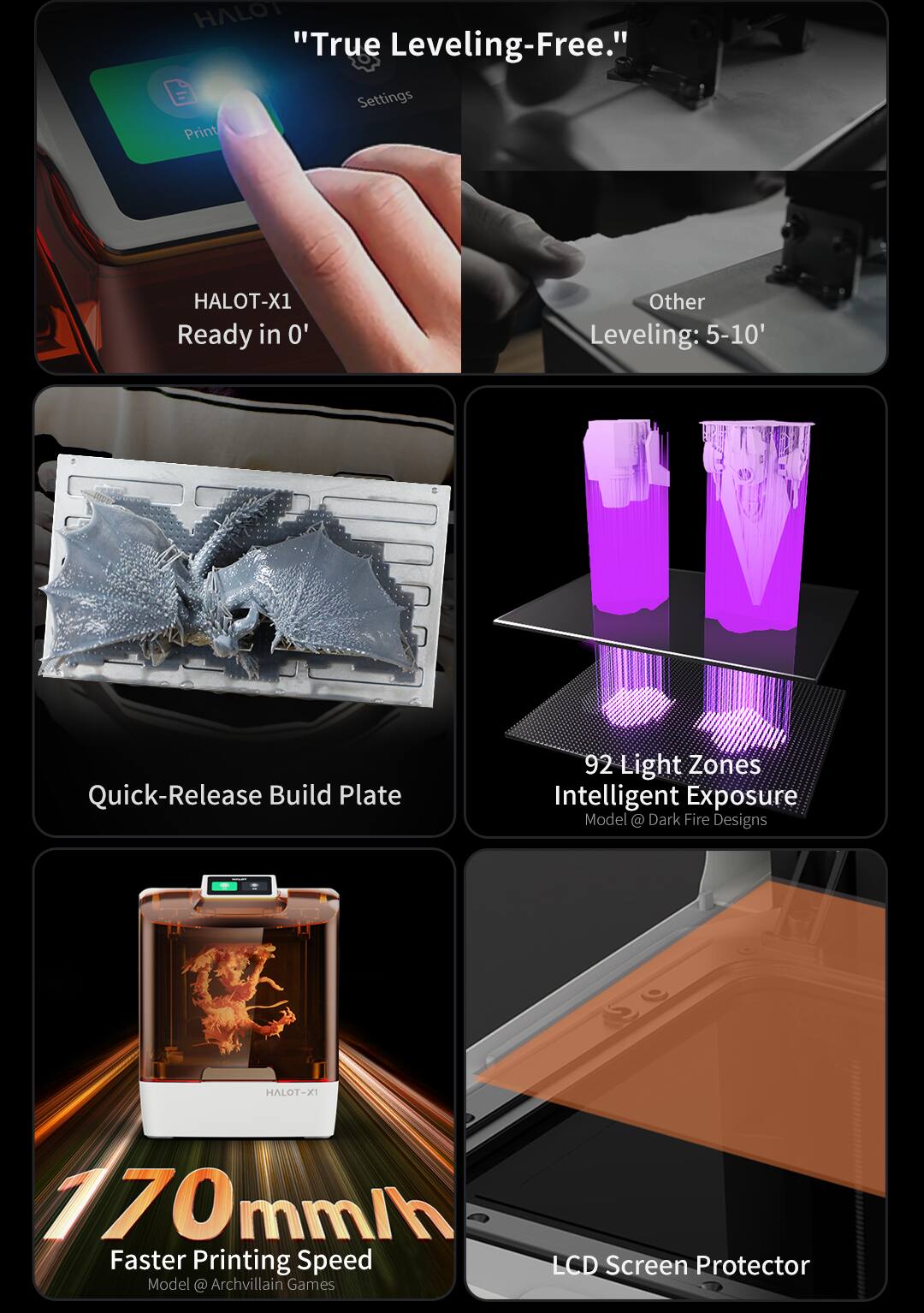 - "True Leveling-Free."
- HALOT-X1 Ready in 0'
- Other Leveling: 5-10'
- Quick-Release Build Plate
- 92 Light Zones Intelligent Exposure
- 170mm/h Faster Printing Speed
- LCD Screen Protector
- Model @ Dark Fire Designs
- Model @ Archvillain Games