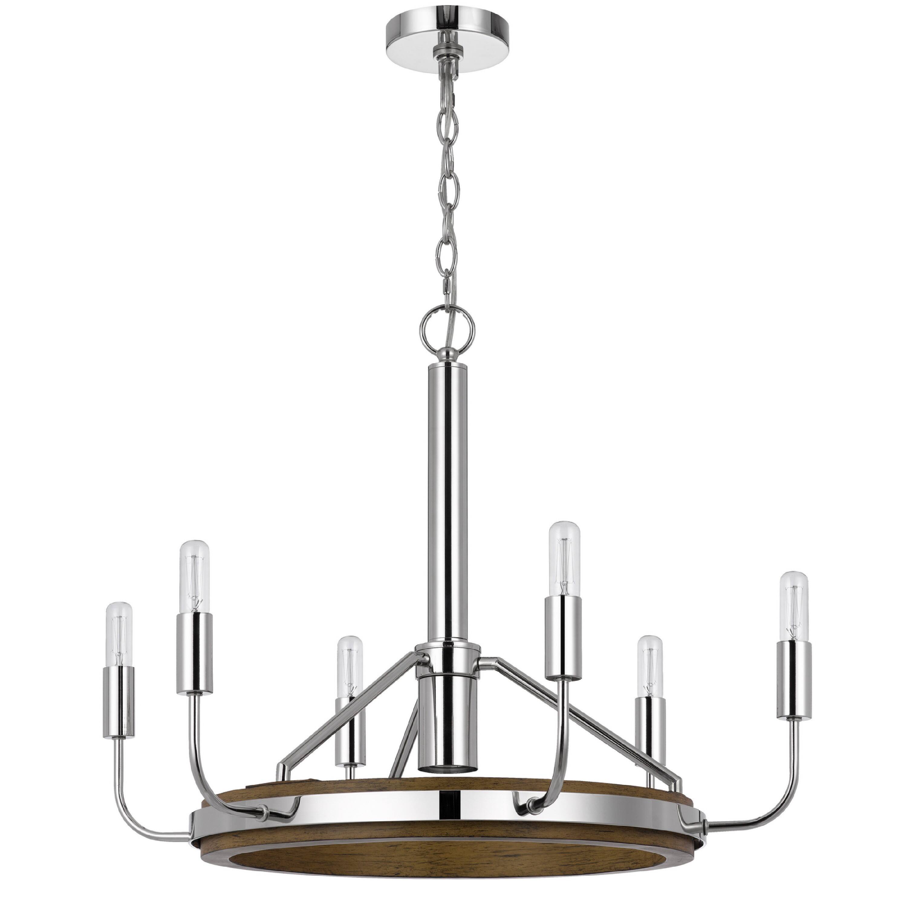Front. Manhattan Lane - 6-Light Candelabra Chandelier with LED, Chrome and Oak Wood, 26 Inch - Chrome, Oak Brown.
