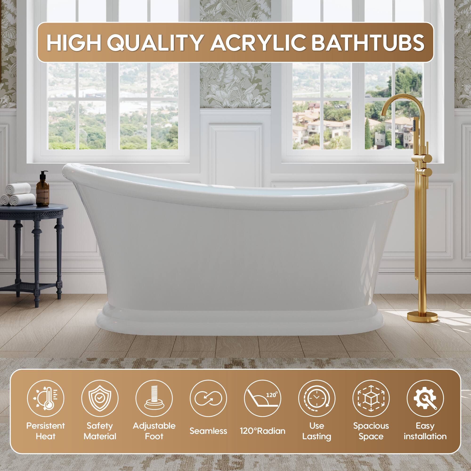 HIGH QUALITY ACRYLIC BATHTUBS

- Persistent Heat
- Safety Material
- Adjustable Foot
- Seamless
- 120° Radian
- Use Lasting
- Spacious Space
- Easy installation