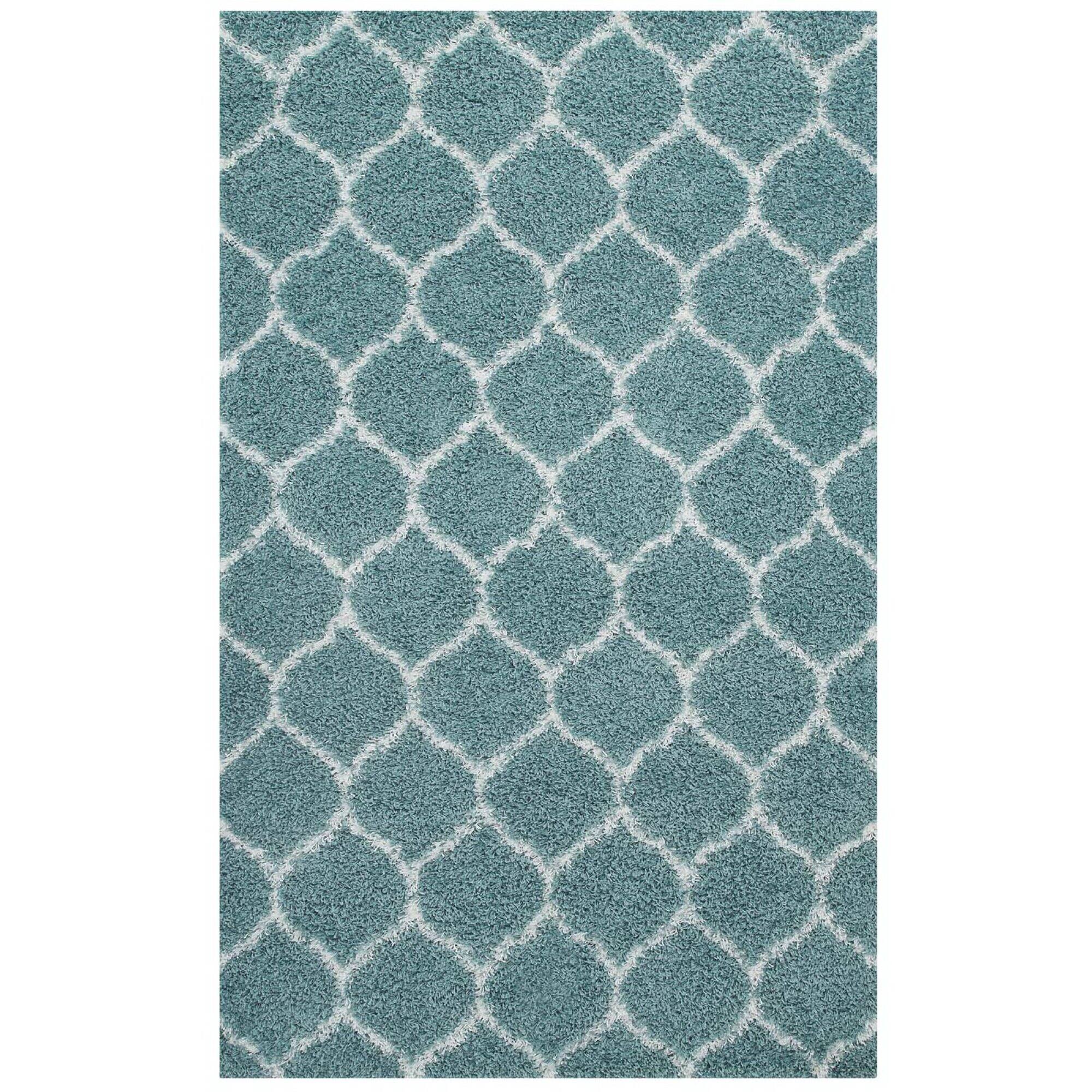 Angle. Modway - Solvea Moroccan Trellis Shag Area Rug - Aqua Blue and Ivory.