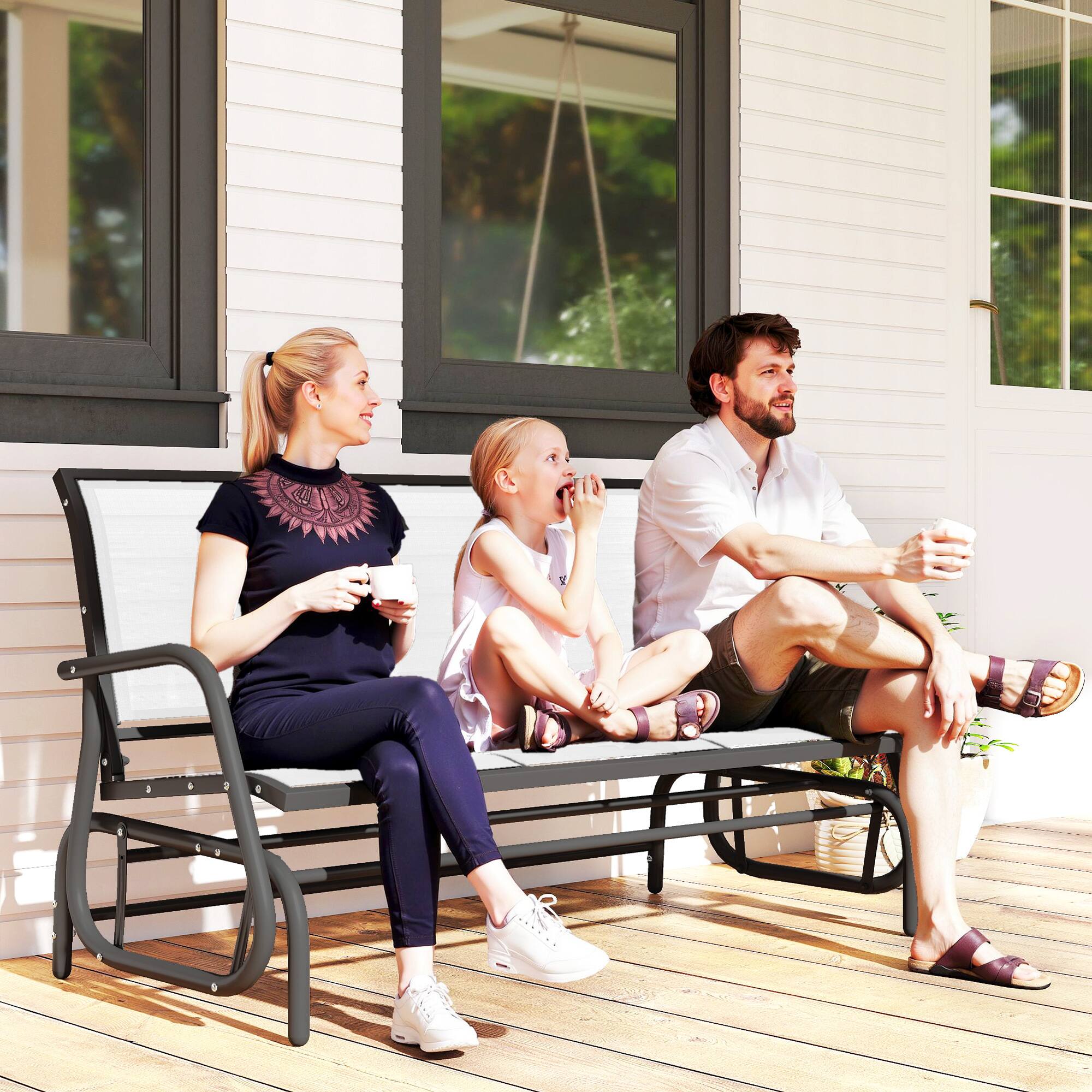 Alt View 1. Outsunny - Outdoor Patio Glider Bench, Porch Glider Swing with 3 Seats, Breathable Mesh Fabric, Metal Frame - Cream White.