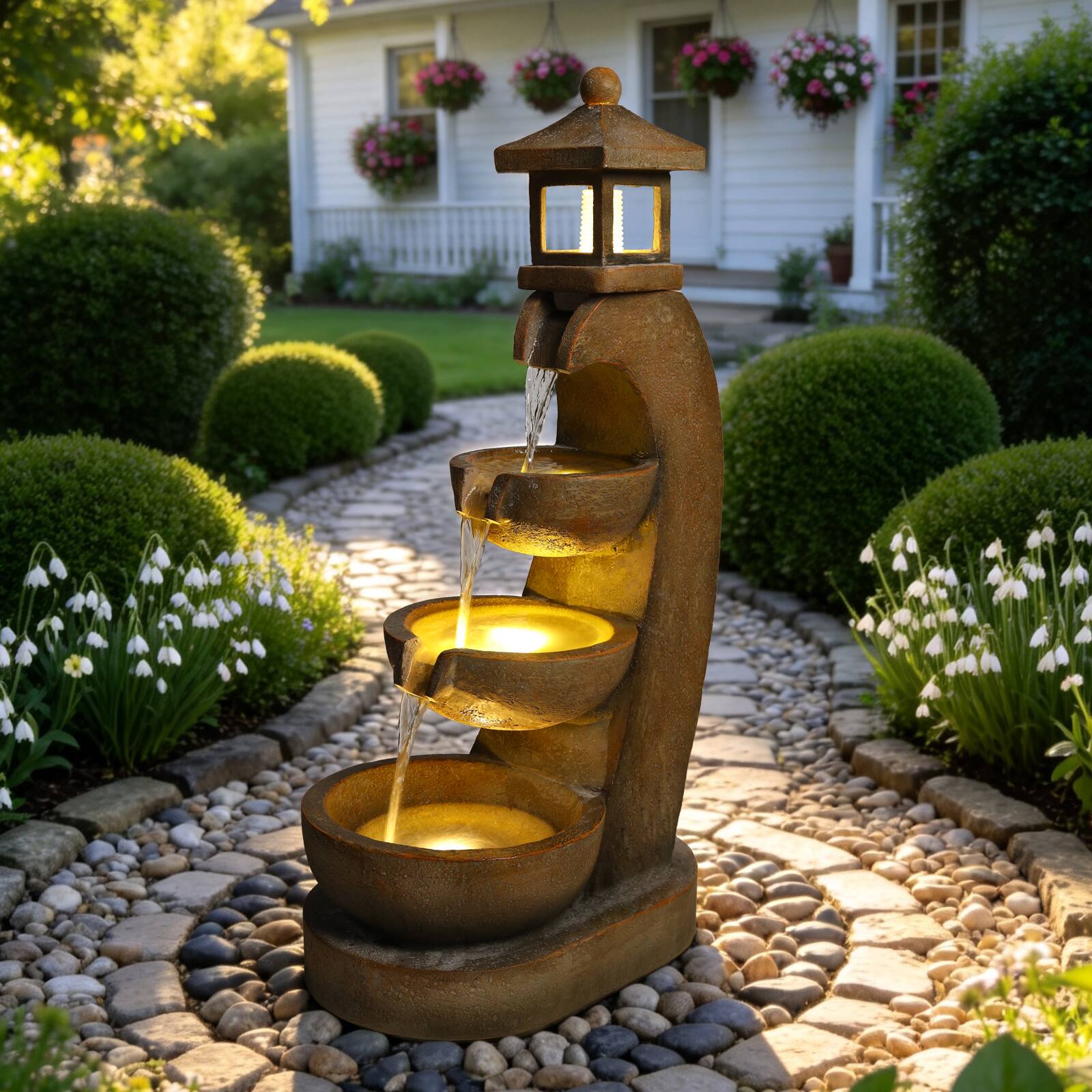Angle. Anysun - Outdoor Water Fountain with Lights – 4-Tier Bowl Cascading Resin Lantern Style Garden Fountain for Yard, Landscape - Brown.