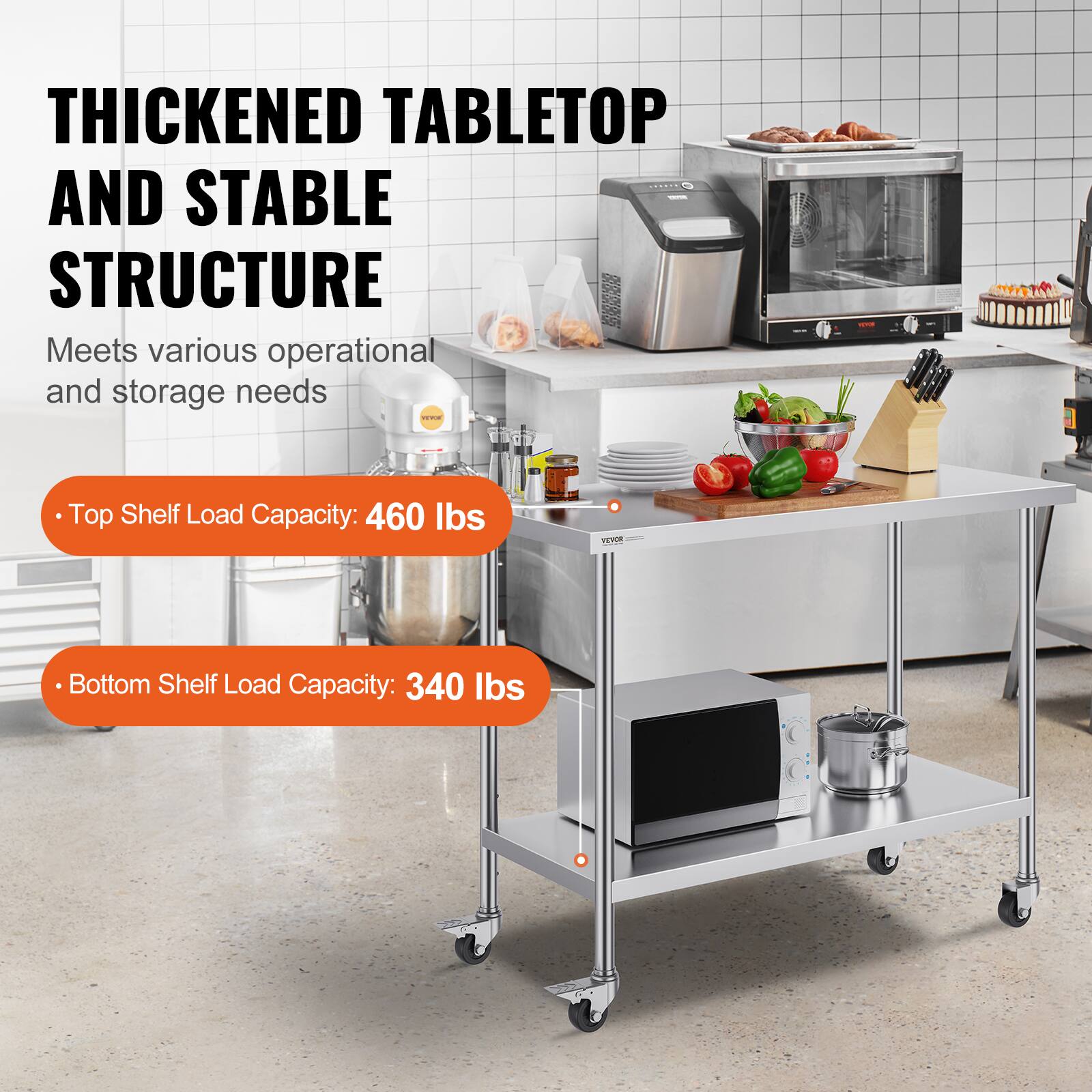 **THICKENED TABLETOP AND STABLE STRUCTURE**

Meets various operational and storage needs

- Top Shelf Load Capacity: 460 lbs
- Bottom Shelf Load Capacity: 340 lbs