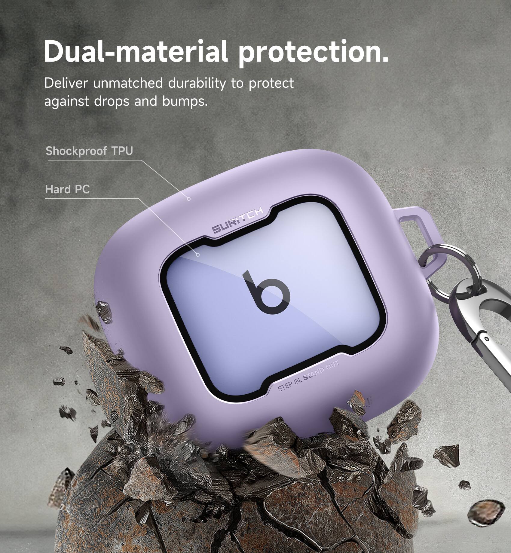 Dual-material protection. Deliver unmatched durability to protect against drops and bumps. Shockproof TPU Hard PC SURITCH STEP IN STAND OUT