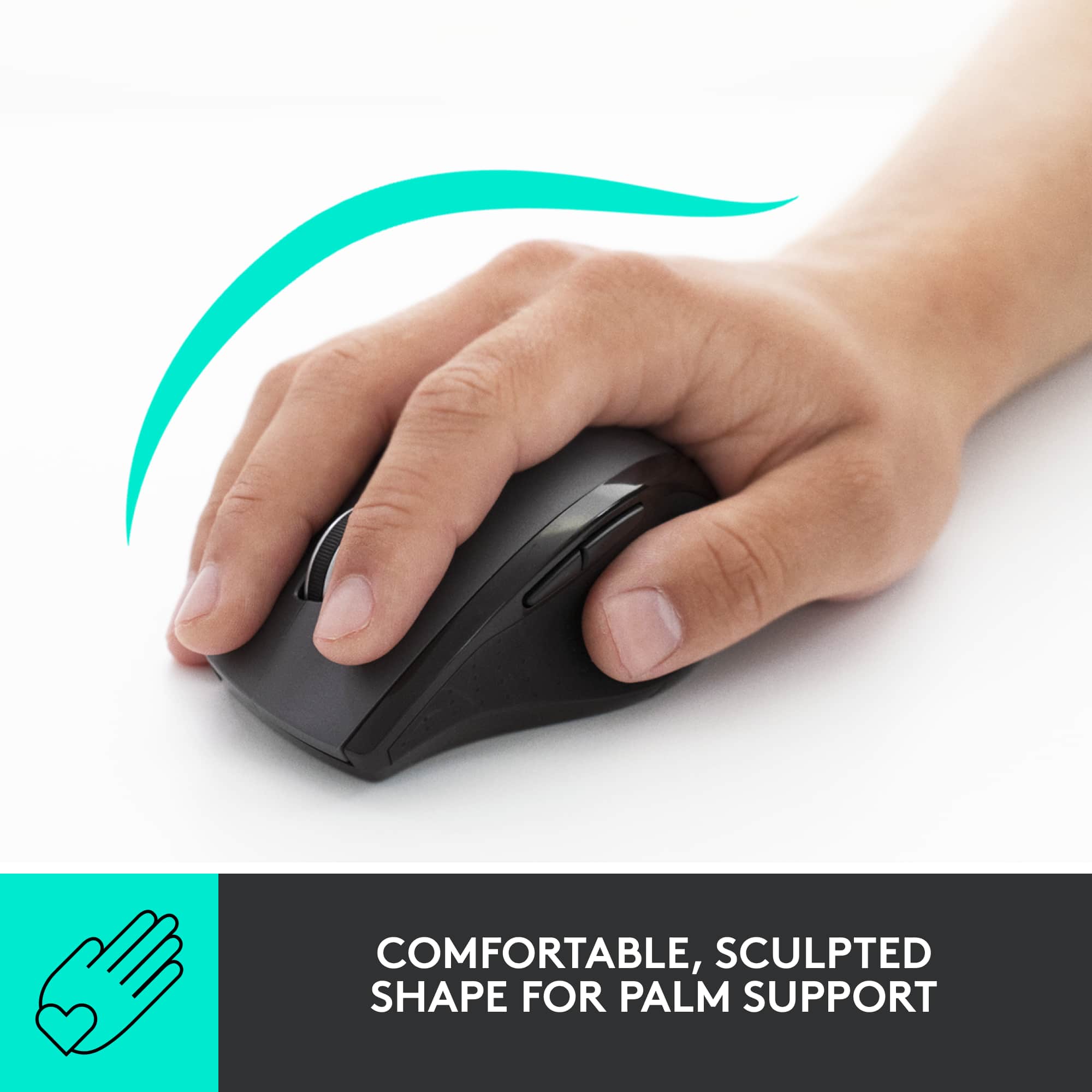 The text on the image reads "Comfortable, sculpted shape for palm support."