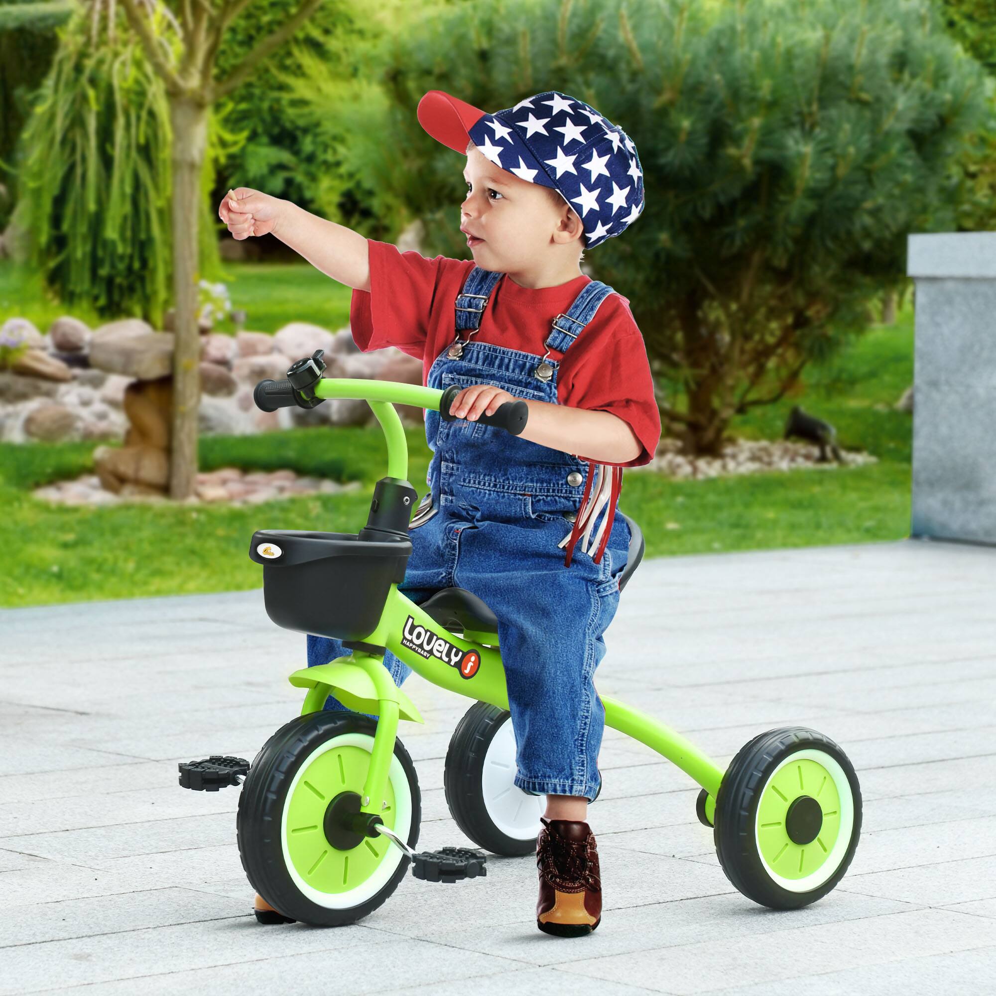 Angle. Qaba - Toddler Tricycle, 2-5 Years, Adjustable Seat, Kids Trike, Toddler Bike, Basket, Bell, Handlebar Grips.