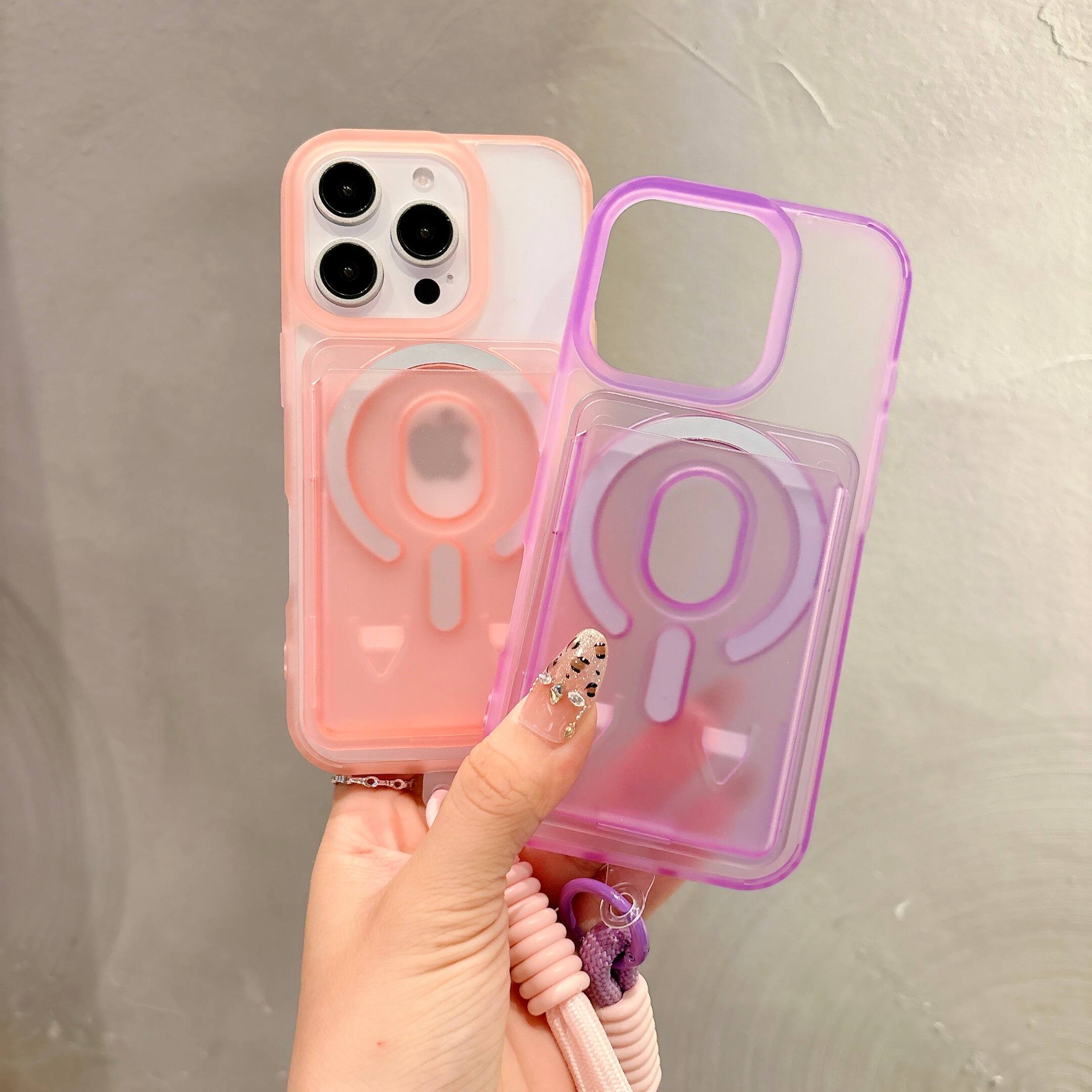 Left. Dteck - Magnetic Mag Safe Wallet Case for Apple iPhone 16 Pro Max,Rugged Matte Cover with Detachable Card Holder & Lanyard - Pink.