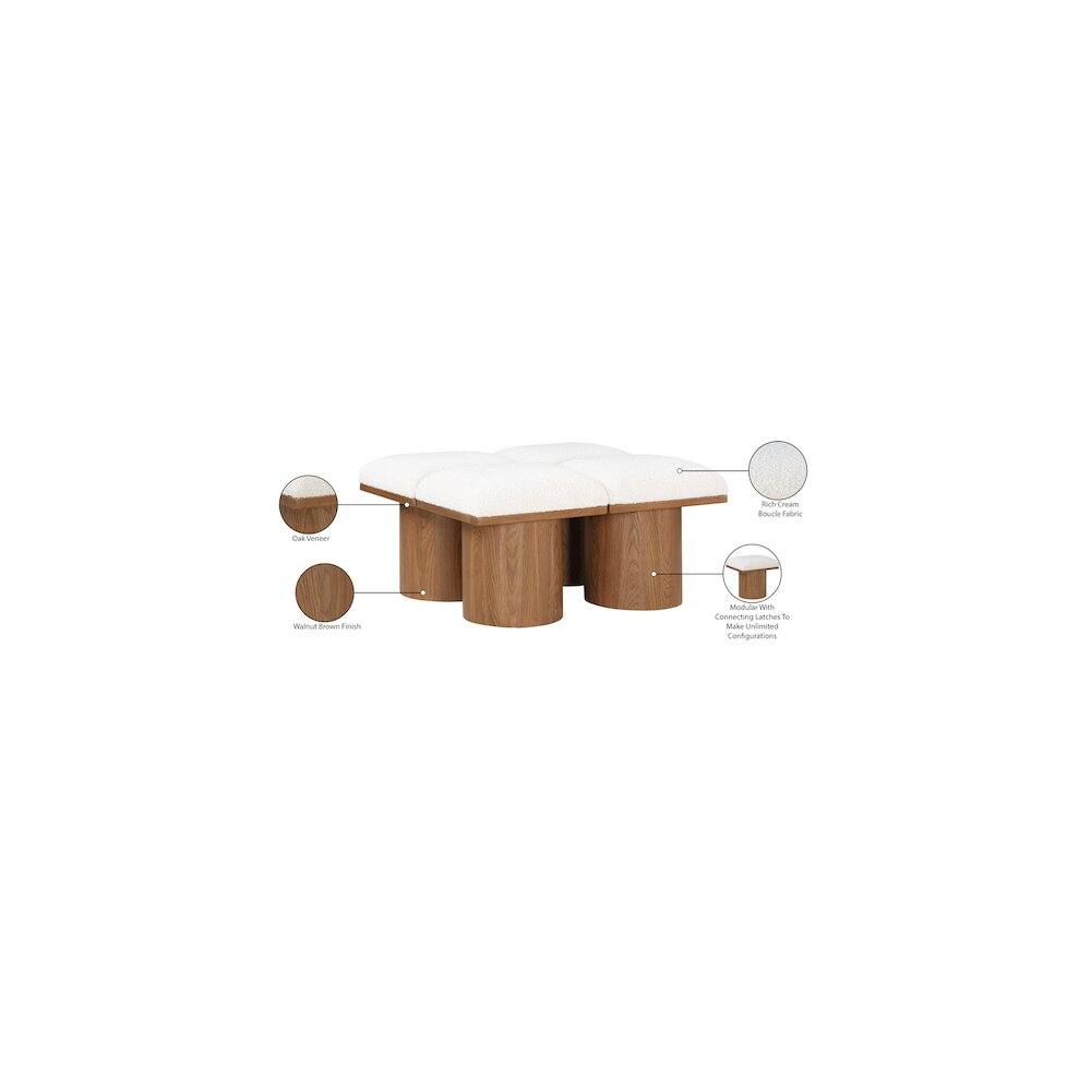 - Washed Brown Finish
- Rich Cream Boucle Fabric
- Modular with Connecting Latches to Configurations
- Cushion Included