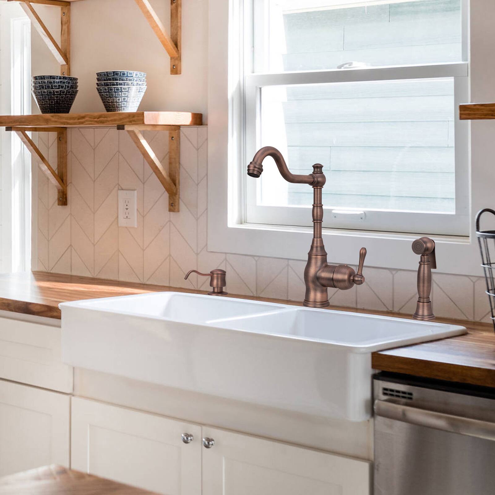 Alt View 3. Akicon - Akicon Solid Brass One-Handle 360° Swivel Widespread Kitchen Faucet with Side Spray in Antique Brass - Antique Brass.