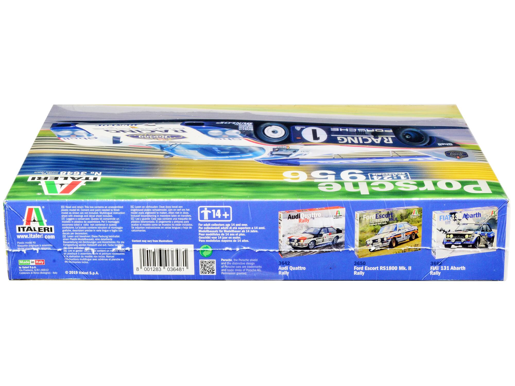 Sure, here is the corrected and grouped text from the image:

---

**ITALERI**

**POLOSPORT**

**Audi Quattro Rally**

**Ford Escort RS1800 Mk. II Rally**

**FIAT 131 Abarth Rally**

**3642 Audi Quattro Rally**

**3650 Ford Escort RS1800 Mk. II Rally**

**3662 FIAT 131 Abarth Rally**

**14+**

**For adult collectors aged 14 and over.**

**Modelle für Modellbauer ab 14 Jahren.**

**Geschichte vor 14 Jahren oder ab 14 Jahren.**

**Permission granted by Porsche AG.**

**Porsche and the Porsche design of Porsche cars are trademarks of Porsche AG.**

**Made in Italy**

**by Hauler & R.A. - 401021**

**Calderini di Raveglio (Bergamo) - Italy**

**© 2019 Italeri S.p.A.**

**www.italeri.com**

**36481**

**001283 036481