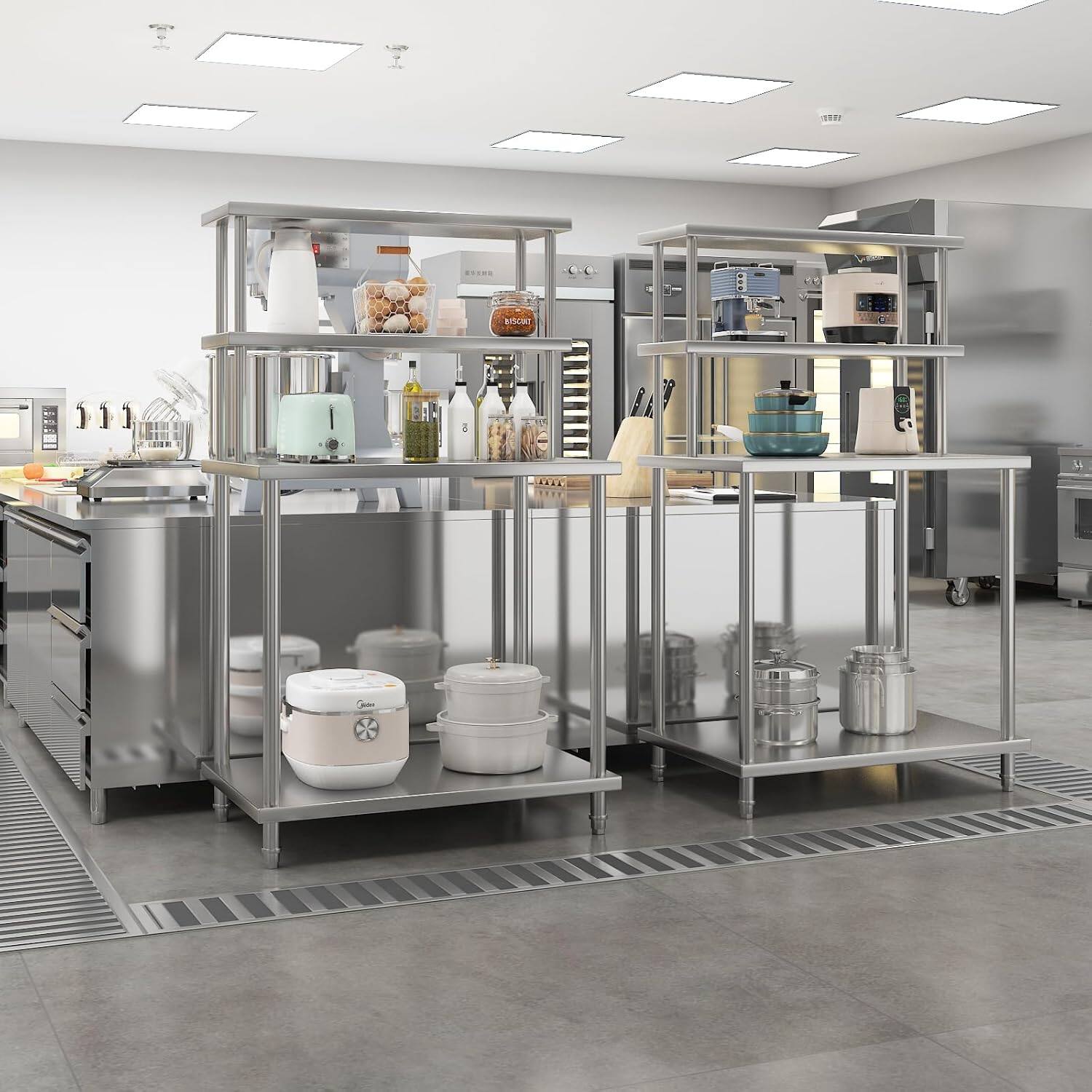 Alt View 3. Acekool - 36"x24" Stainless Steel Work Table with 2-Tier Adjustable Overshelves, Commercial Prep Table for Kitchen,No wheels - Silver.