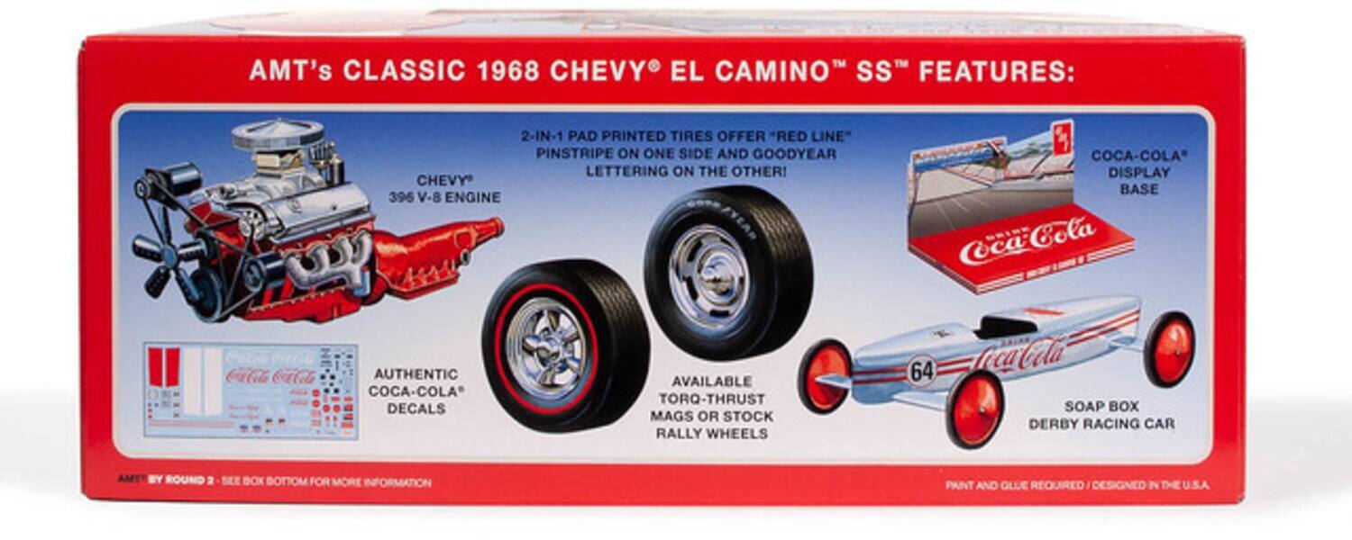 AMT's CLASSIC 1968 CHEVY EL CAMINO SS FEATURES:  
- 2-IN-1 PAD PRINTED TIRES OFFER "RED LINE" PINSTRIPE ON ONE SIDE AND GOODYEAR LETTERING ON THE OTHER!  
- CHEVY 396 V-8 ENGINE  
- COCA-COLA DISPLAY BASE  
- AUTHENTIC COCA-COLA DECALS  
- AVAILABLE TORQ-THRUST MAGS OR STOCK RALLY WHEELS  
- 64 COCA-COLA SOAP BOX DERBY RACING CAR  
- AMT BY ROUND 2 - SEE BOX BOTTOM FOR MORE INFORMATION  
- PAINT AND GLUE REQUIRED  
- DESIGNED IN THE U.S.A.