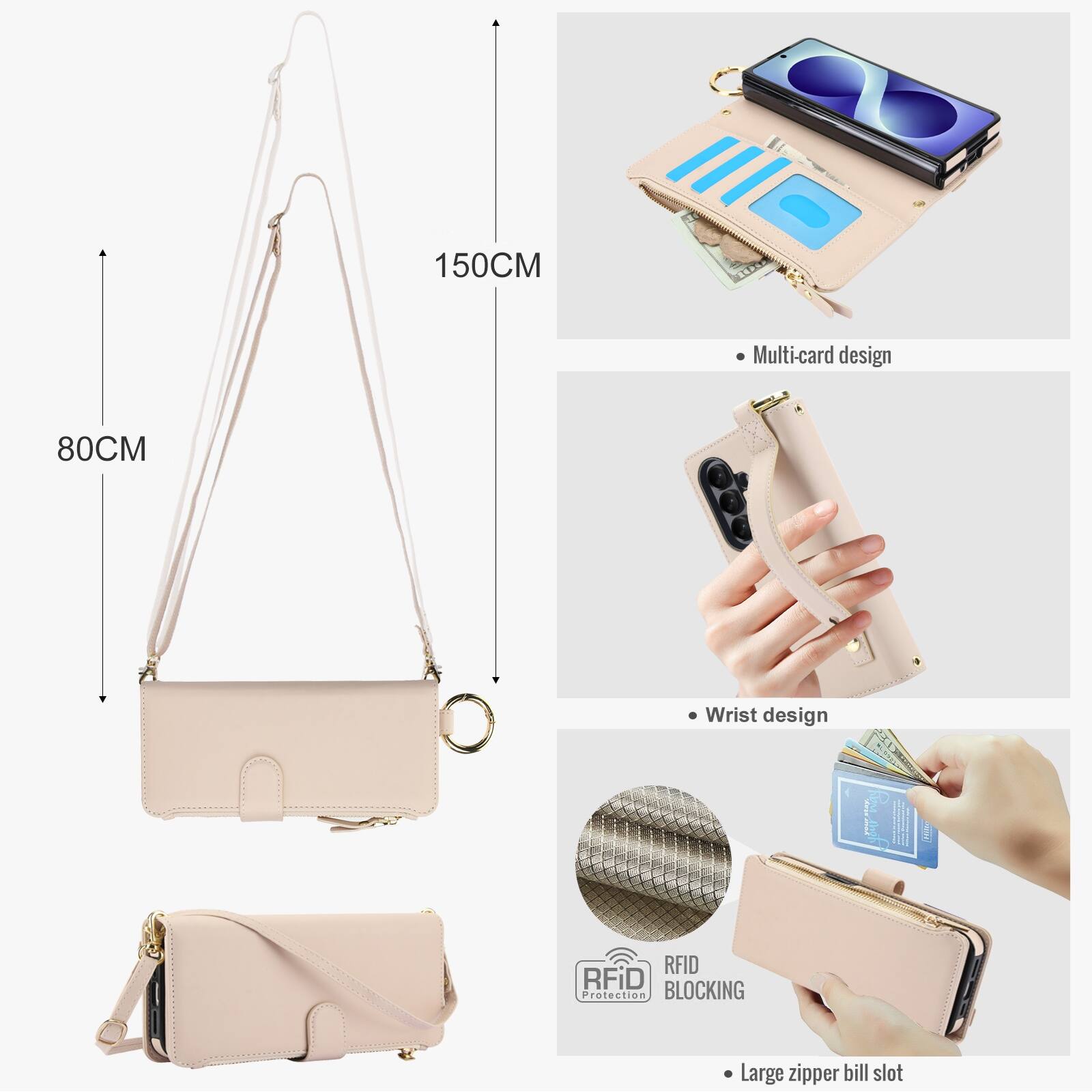 150CM  
Multi-card design  
80CM  
Wrist design  
RFID Protection BLOCKING  
Large zipper bill slot