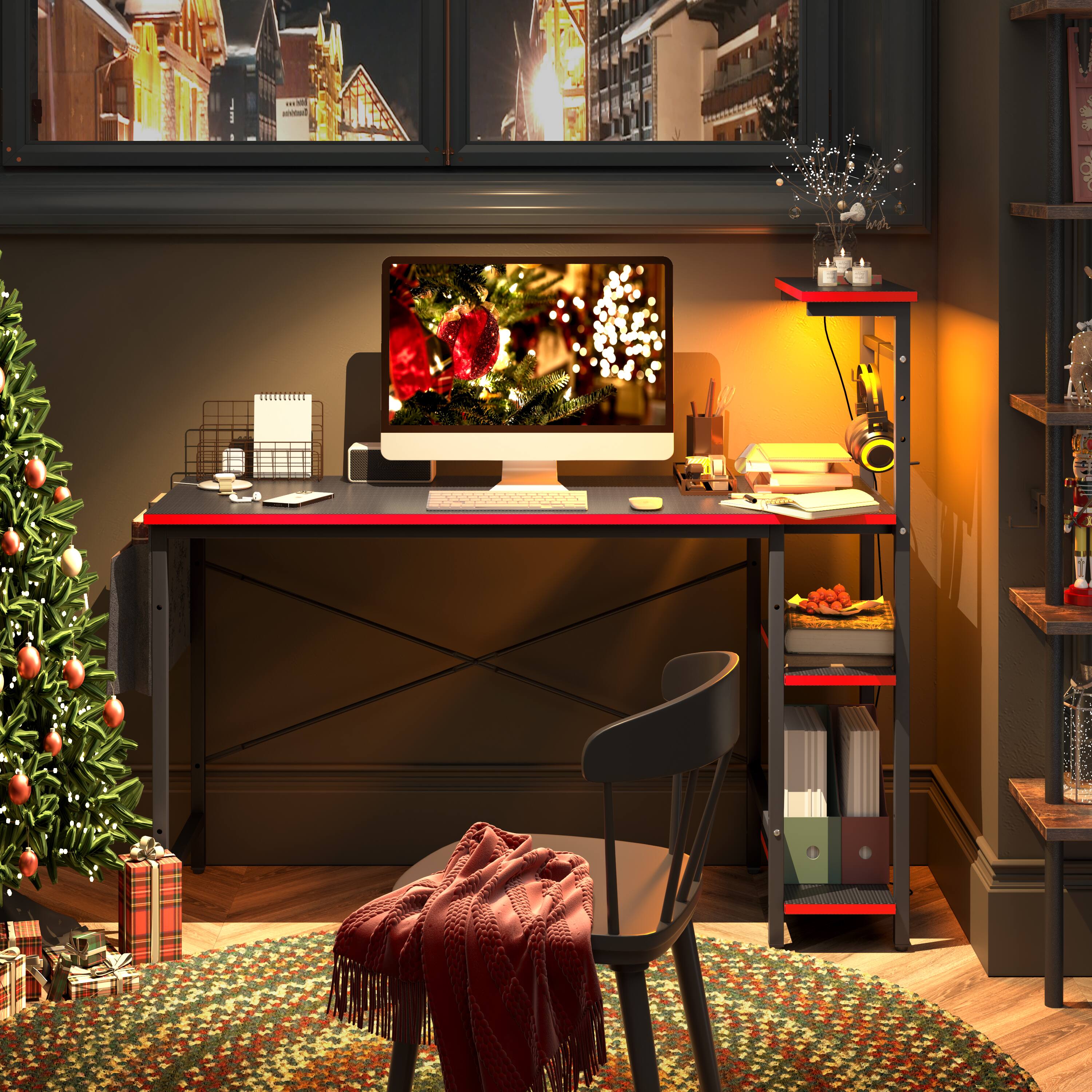 Alt View 4. Bestier - 55inch Gaming Desk with LED Lights Storage Shelves File Pockets & Hooks Spacious RGB Gaming Table - Black & Red.