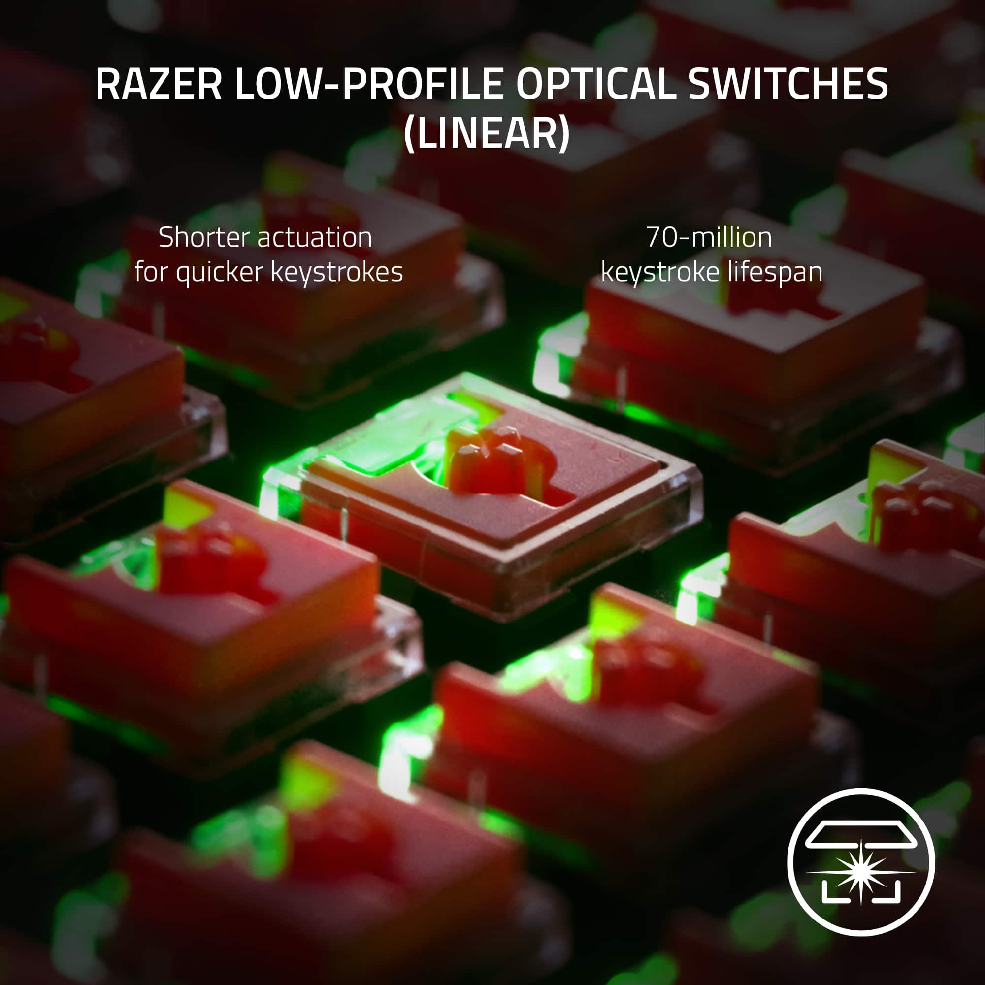 RAZER LOW-PROFILE OPTICAL SWITCHES (LINEAR) Shorter actuation for quicker keystrokes 70-million keystroke lifespan