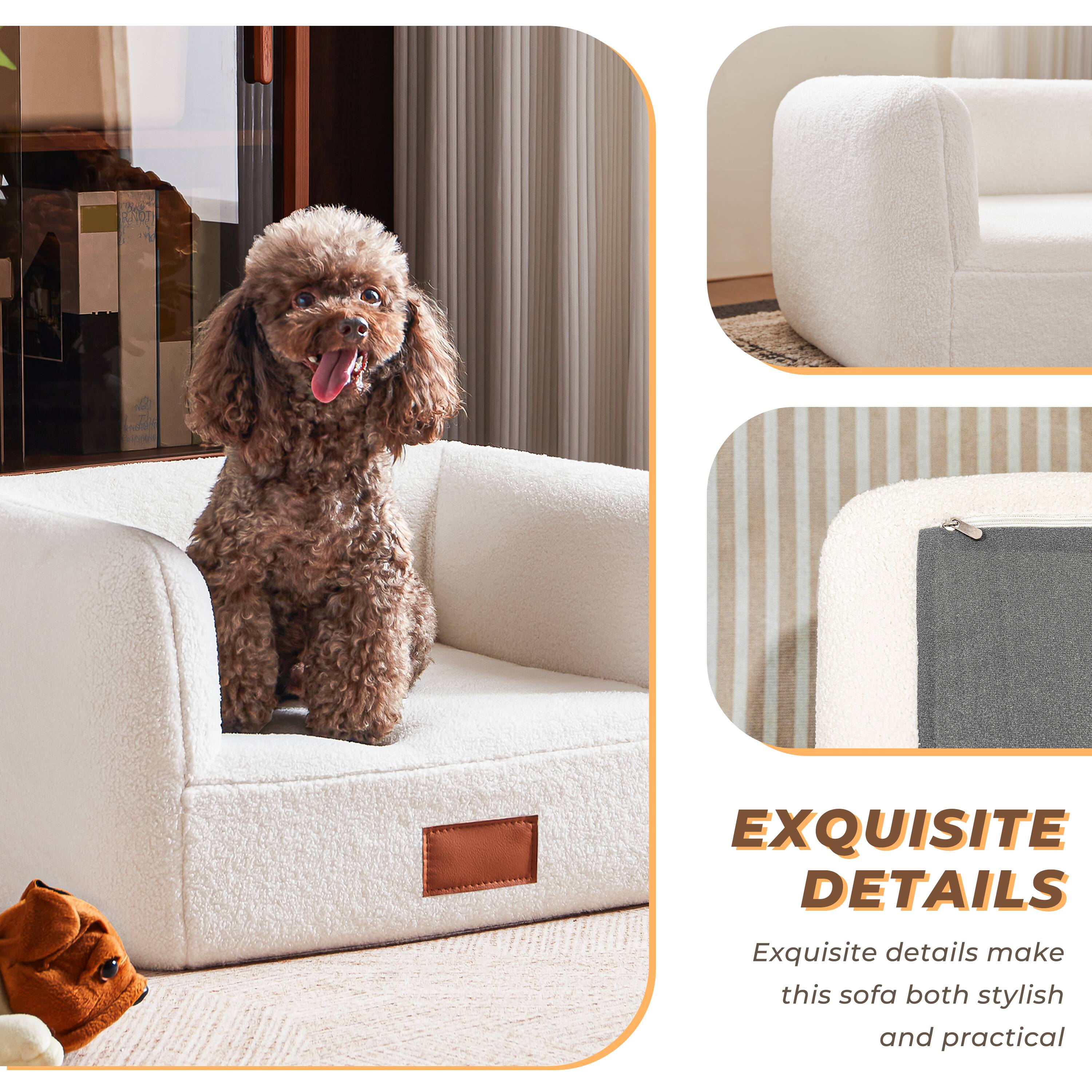 Alt View 8. MSOOB - 25.6 Inch Faux Shearling Dog Bed Pet Sofa With Leather Nameplate, White Modern Elegant Dog Couch Furniture - White.