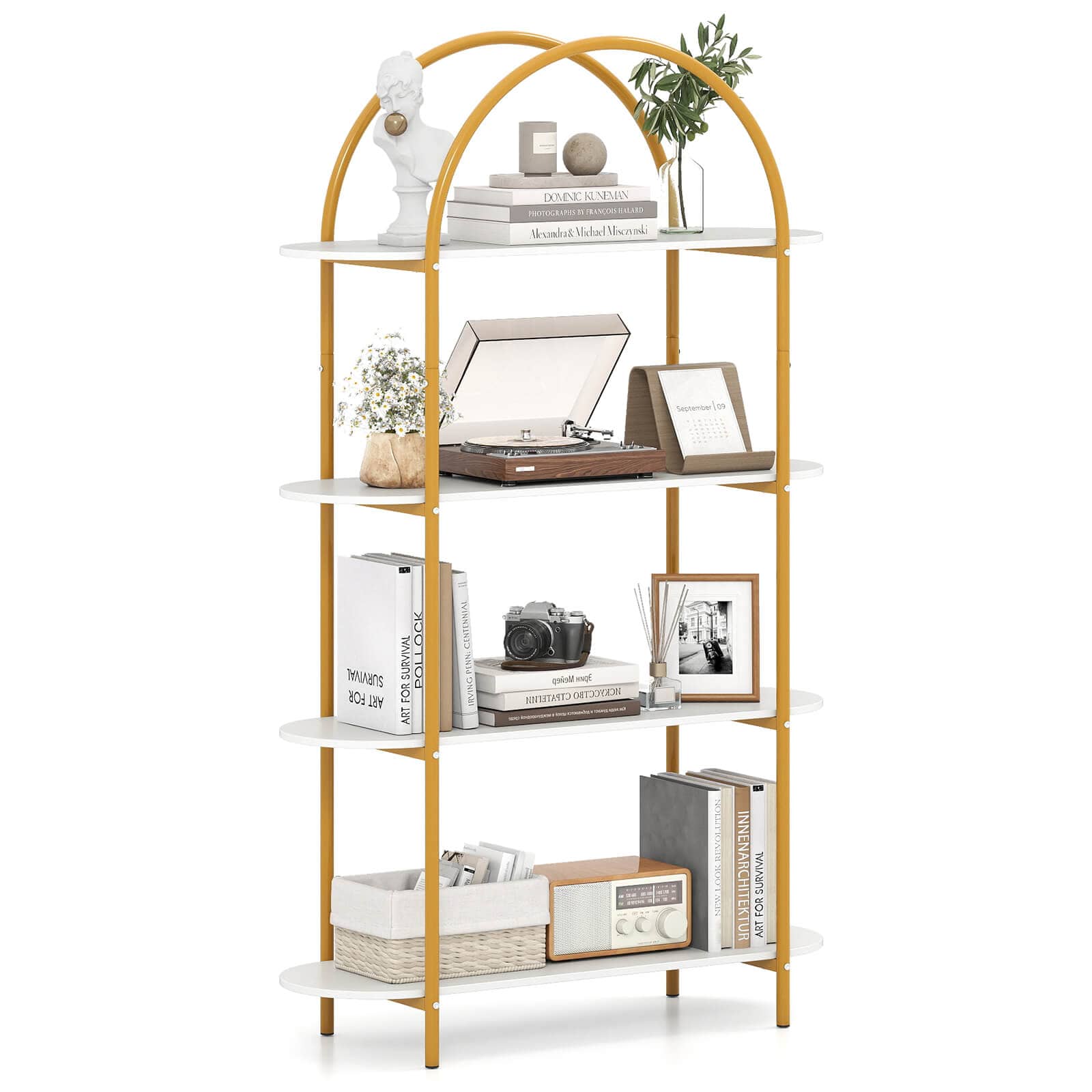 Costway - 1 PCS Arched Bookshelf, 4-Tier Open Bookcase with Sturdy Metal Frame for Living Room - Gold,White