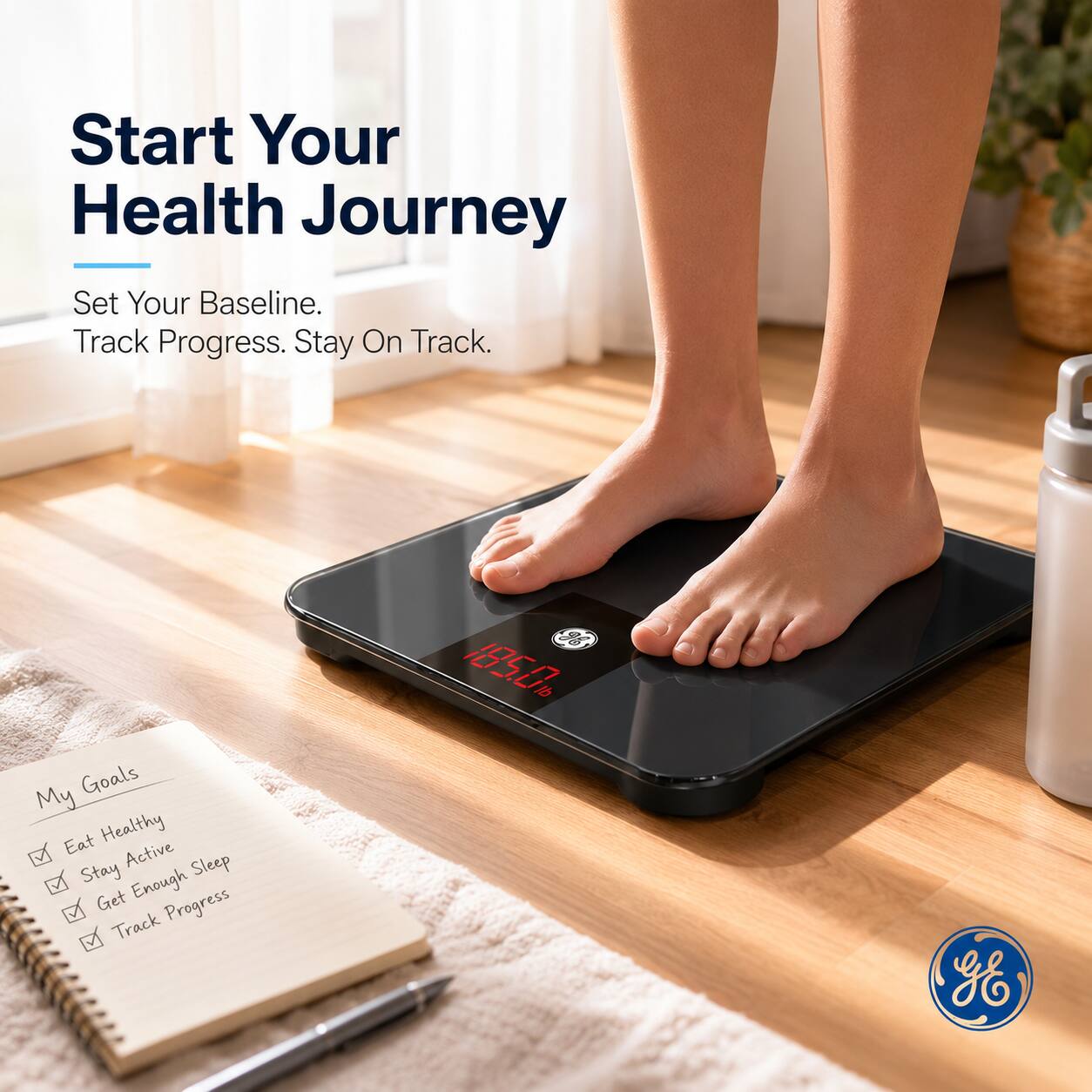 Start Your Health Journey  
Set Your Baseline.  
Track Progress. Stay On Track.  

96 185.0  

My Goals  
Eat Healthy  
Stay Active  
Get Enough Sleep  
Track Progress