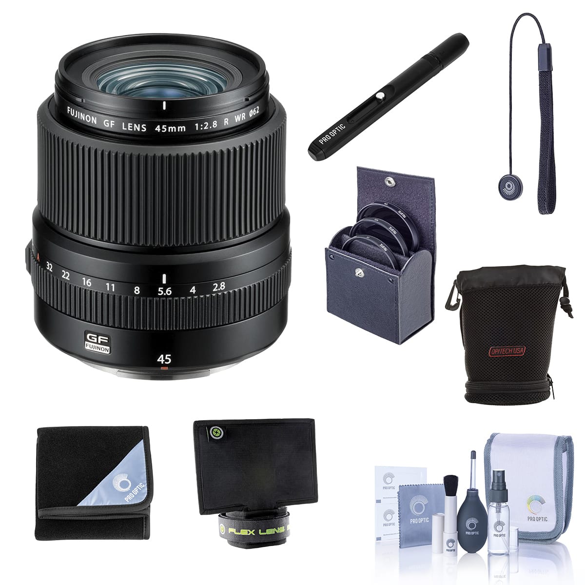 Fujifilm - GF 45mm f/2.8 R WR Lens, Bundle with ProOptic 62mm Filter Kit, Lens Cap Tether, Cleaning Kit, Flex Lens Shade,