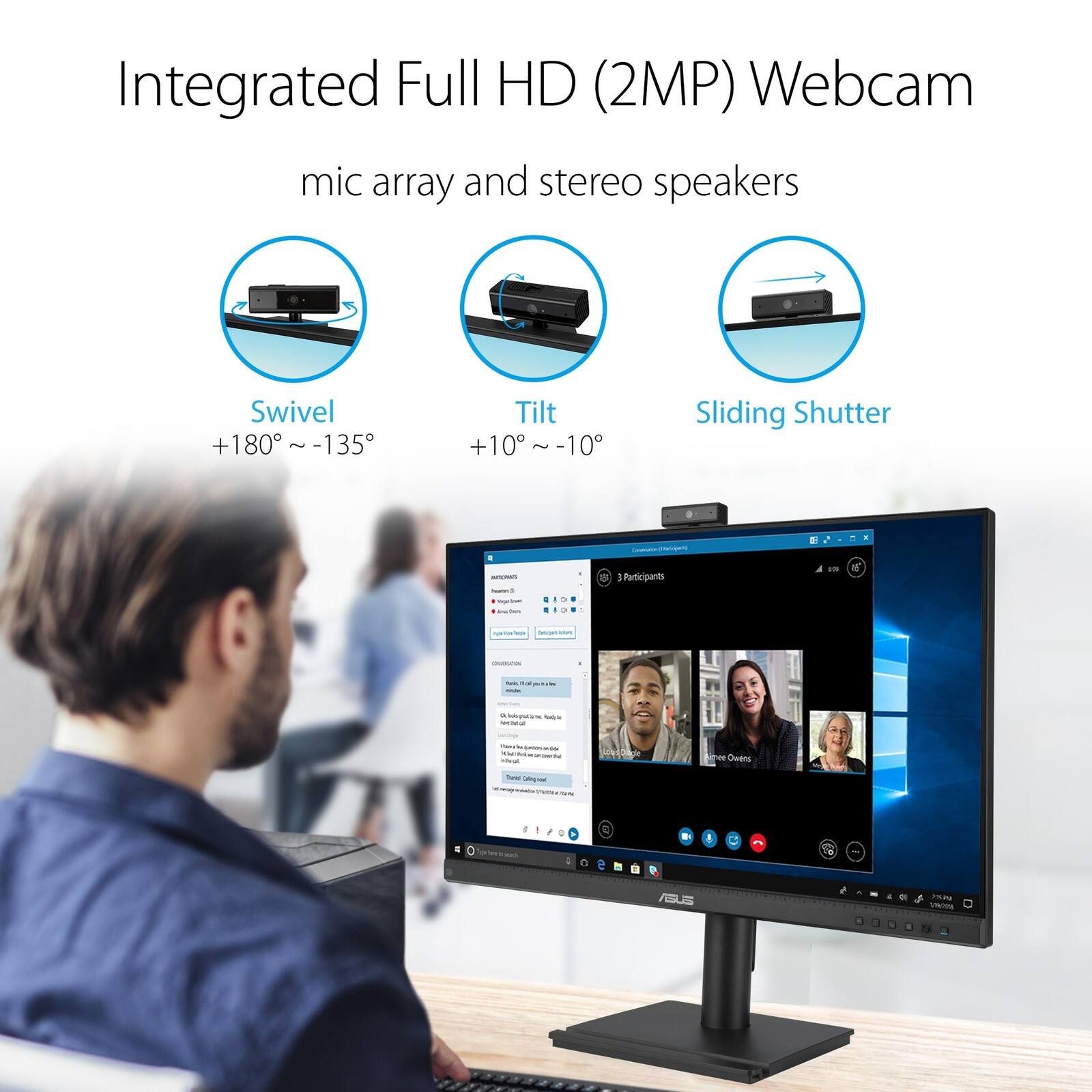 Integrated Full HD (2MP) Webcam  
mic array and stereo speakers  

Swivel +180° ~ -135°  
Tilt +10° ~ -10°  
Sliding Shutter  

3 Participants