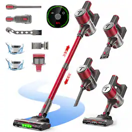 Teendow - 300W Cordless Stick Vacuum, 50kPa Suction, 50-Min Runtime, for Carpet, Hard Floors & Pet Hair - Red