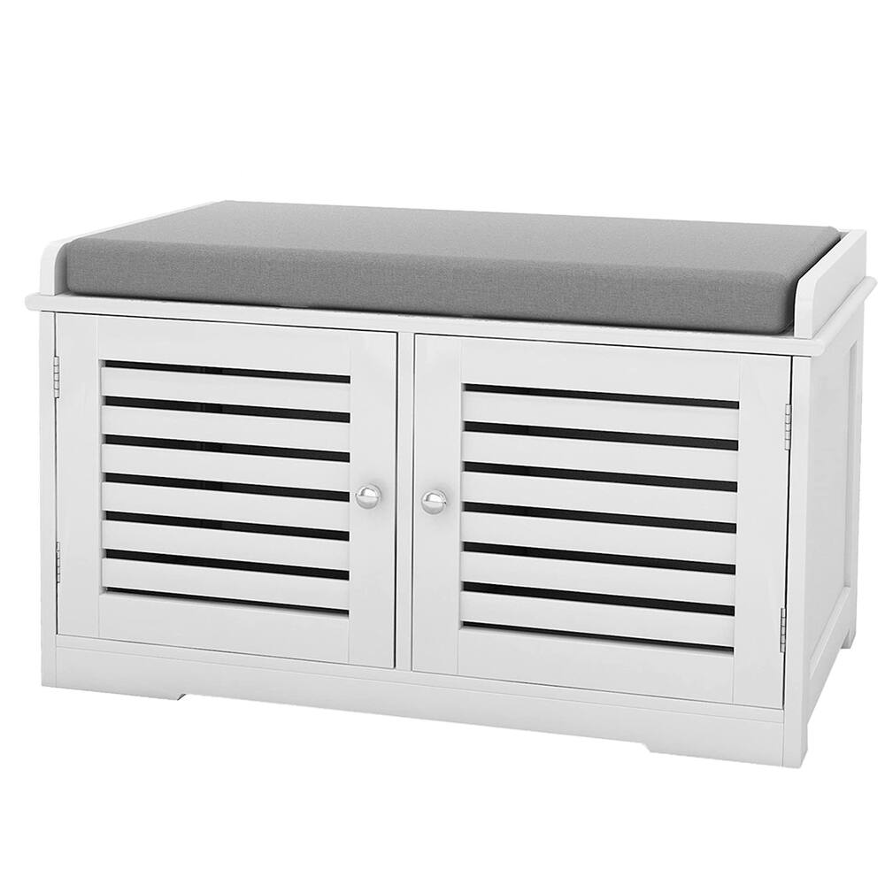Alt View 3. Ropilly - Ropilly White Shoe Storage Bench with Padded Seat Cushion, Modern Entryway Bench with Barn Doors - White.