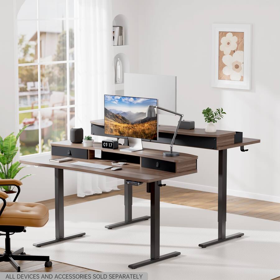 Deskwith Riser HUANUO Adjustable Standing Desk with Riser & Drawers 55″ x 26″ Walnut ...