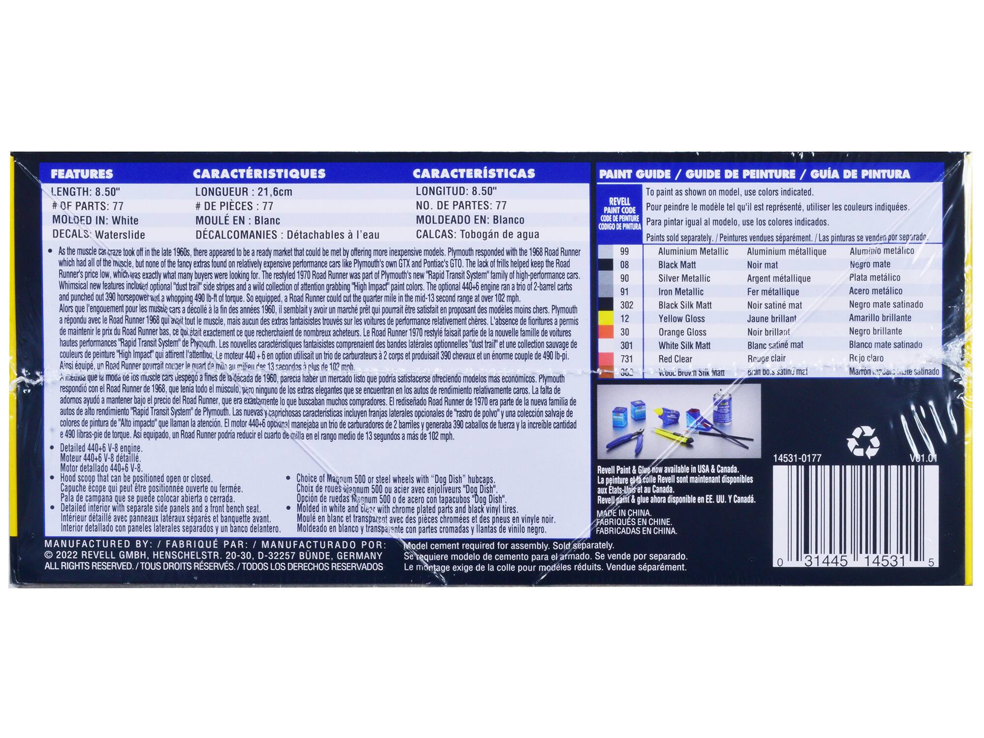 **FEATURES**

- **LENGTH:** 8.50"
- **NO. OF PARTS:** 77
- **MOLDED IN:** White
- **DECALS:** Waterslide

**CARACHTÉRISTIQUES**

- **LONGUEUR:** 21.6 cm
- **NO. DE PIÈCES:** 77
- **MOULE EN:** Blanc
- **DECALCOMANIES:** Detachables

**CARACTERÍSTICAS**

- **LONGITUD:** 8.50"
- **NO. DE PARTES:** 77
- **MOLDEADO EN:** Blanco
- **CALCAS:** Tobogán de agua

**PAINT GUIDE / GUIDE DE PEINTURE / GUÍA DE PINTURA**

- **PAINT CODE:** 99
- **Paint:** Red Clear
- **Pintura:** Rojo claro
- **Peinture:** Rouge clair

- **PAINT CODE:** 08
- **Paint:** Aluminum Metallic
- **Pintura:** Aluminio metálico
- **Peinture:** Aluminium métallique

- **PAINT CODE:**