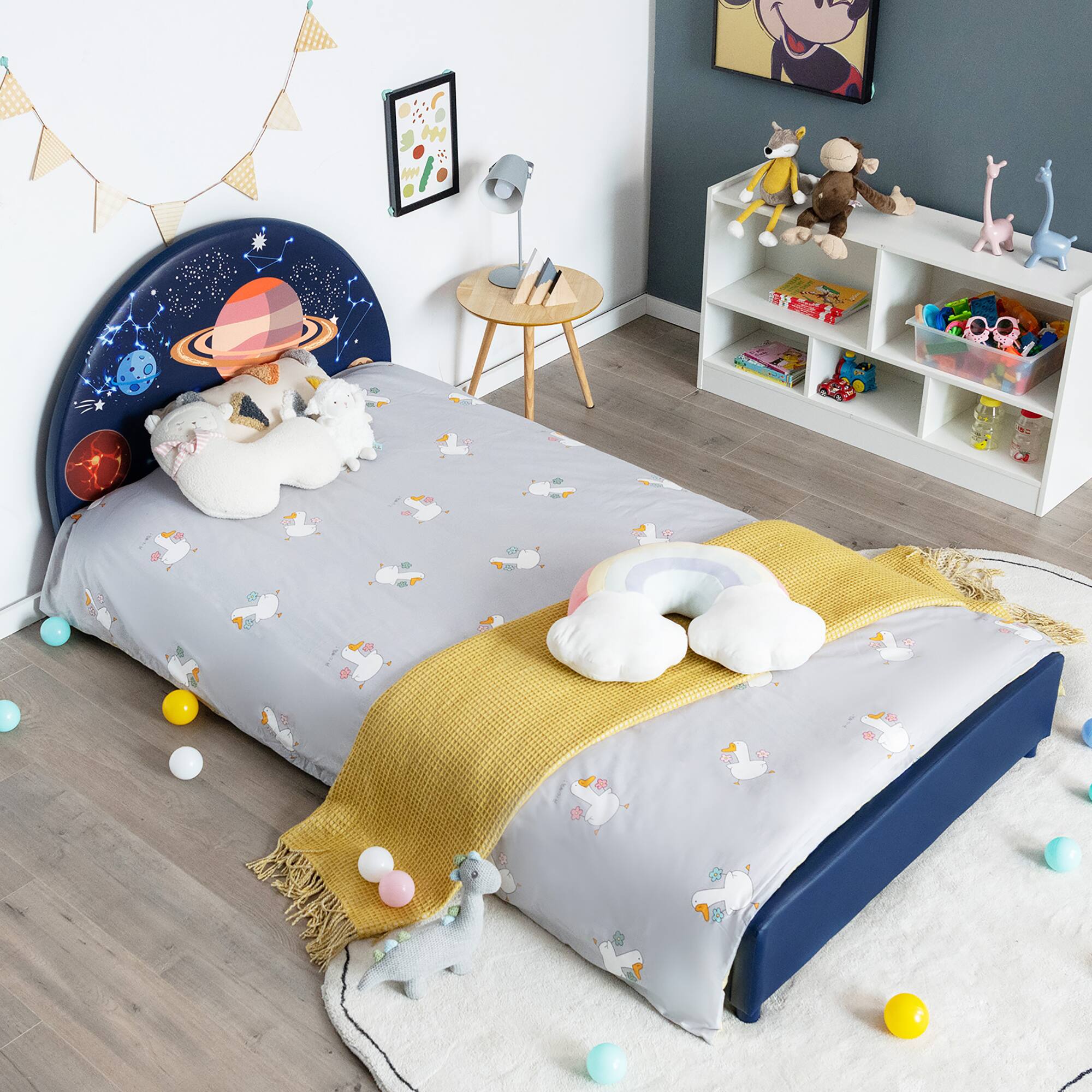 Alt View 4. Costway - Costway Kids Upholstered Platform Bed Children Twin Size Wooden Bed Galaxy Pattern - Blue.