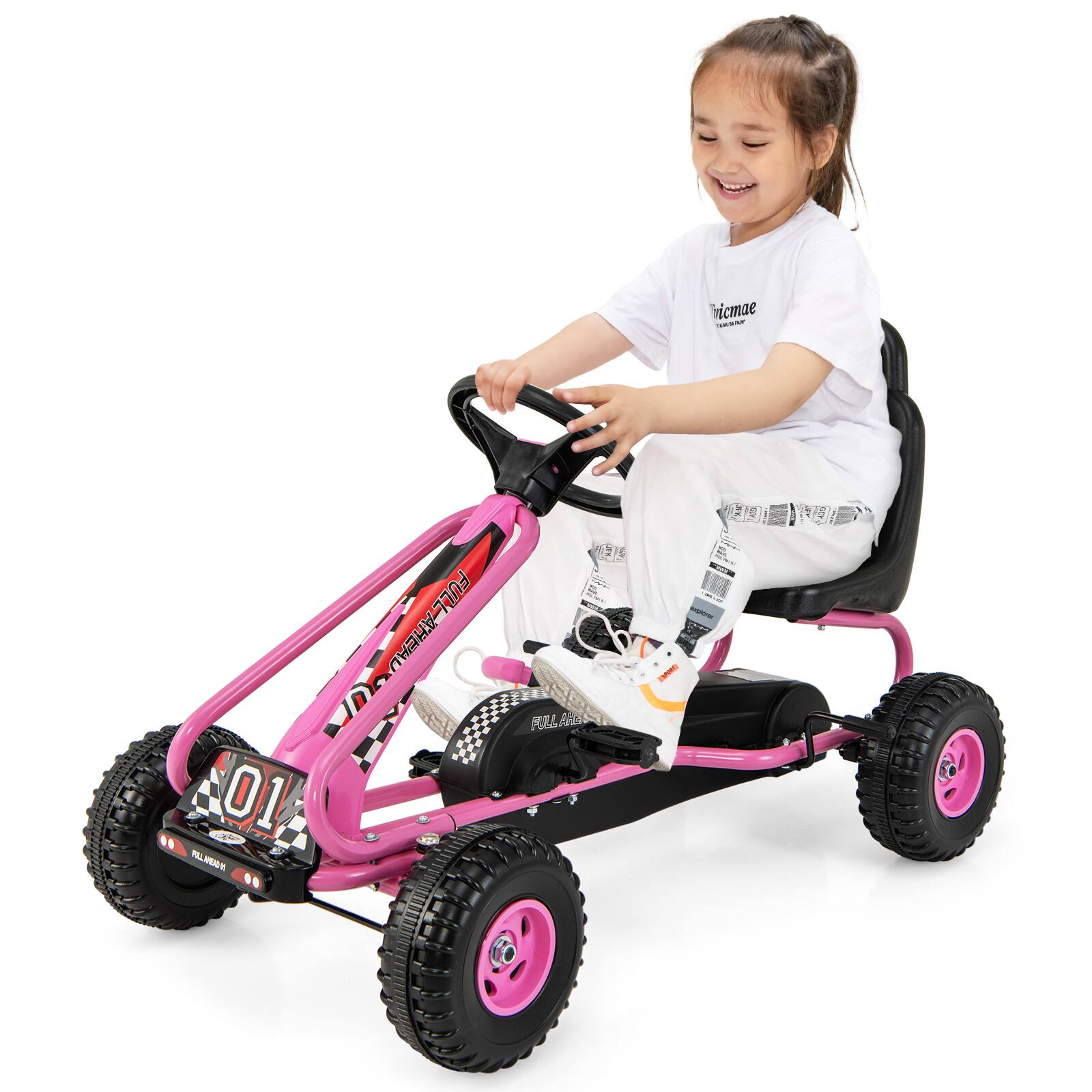 Costway - Kids Pedal Go Kart 4 Wheel Ride On Toys w/ Adjustable Seat Handbrake - Pink