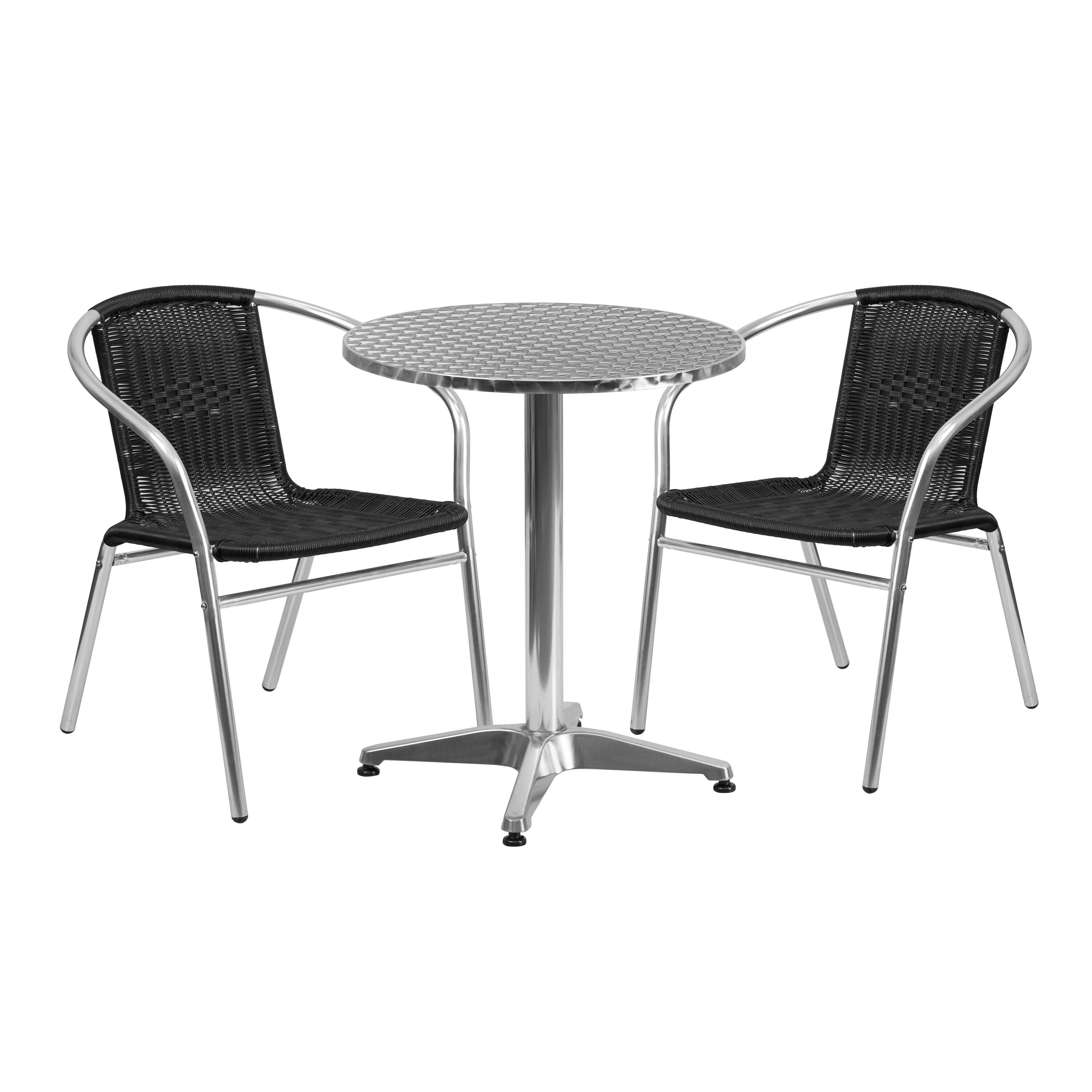 Front. Emma + Oliver - 23.5" Round Aluminum Garden Patio Table Set with 2 Rattan Chairs - Black.