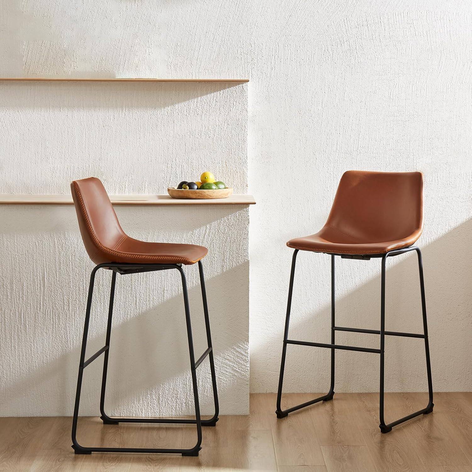 Left. AOITUN - 26 Inch Counter Height Bar Stool, Modern Faux Leather Bar Chair with Back, Industrial Kitchen Island Stool, Brown - Brown.