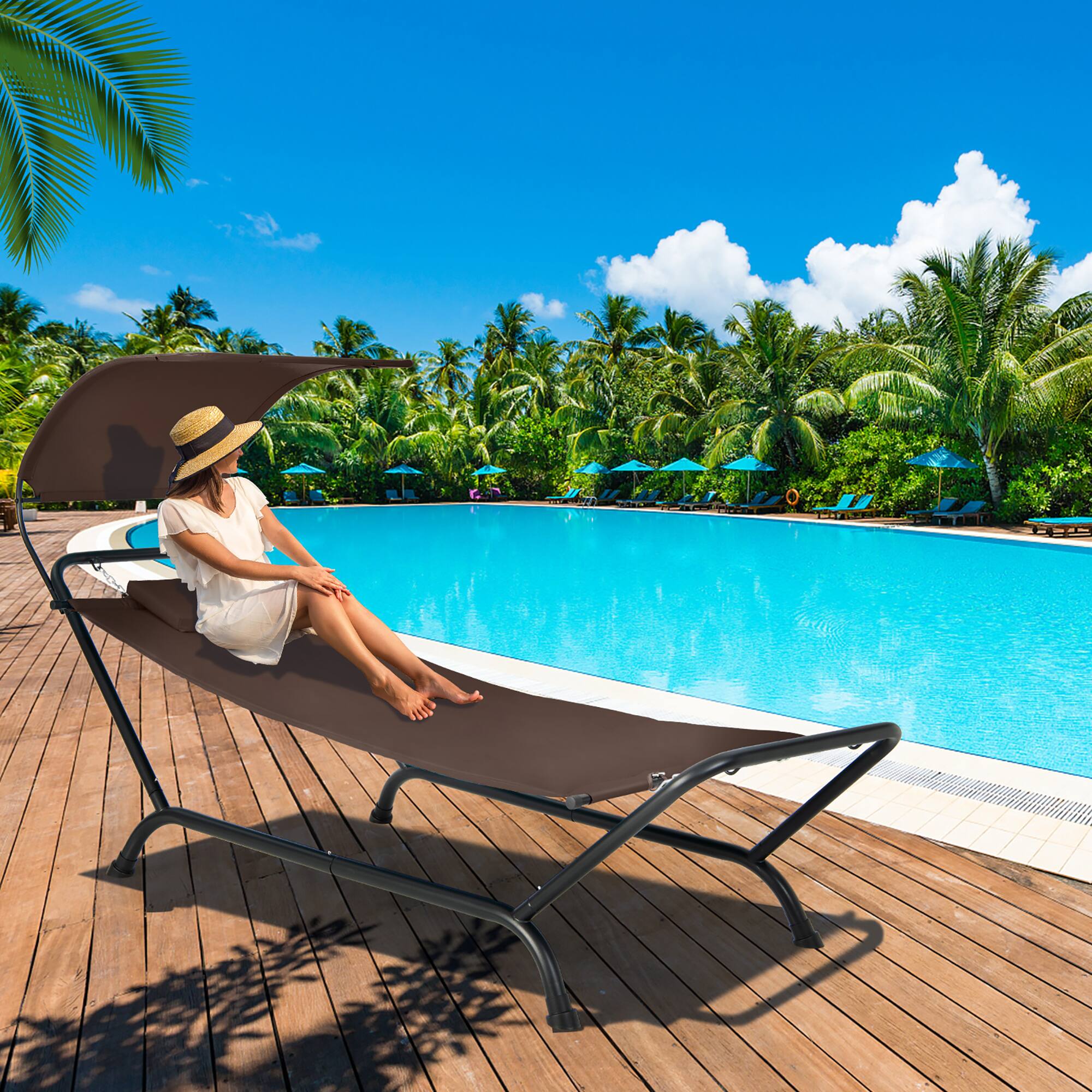 Alt View 1. Gymax - Gymax Chaise Lounge Bed w/ Detachable Sunshade Canopy Hammock w/ Rustproof Metal Stand Brown - Brown.