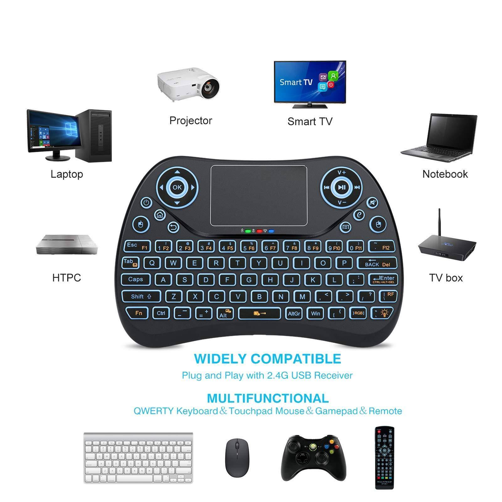 Smart TV  
Laptop  
Projector  
HTPC  
Notebook  
TV box  

WIDELY COMPATIBLE  
Plug and Play with 2.4G USB Receiver  

MULTIFUNCTIONAL  
QWERTY Keyboard & Touchpad Mouse & Gamepad & Remote  

Esc F1 F2 F3 F4 F5 F6 F7 F8 F9 F10 F11 F12  
Tab Q W E R T Y U I O P  
Caps A S D F G H J K L  
Shift Z X C V B N M  
Fn Ctrl Alt AltGr Win  
Back Del Enter  
V+ V-  
OK  
CH+ CH-  
RCO WIDELY COMPATIBLE