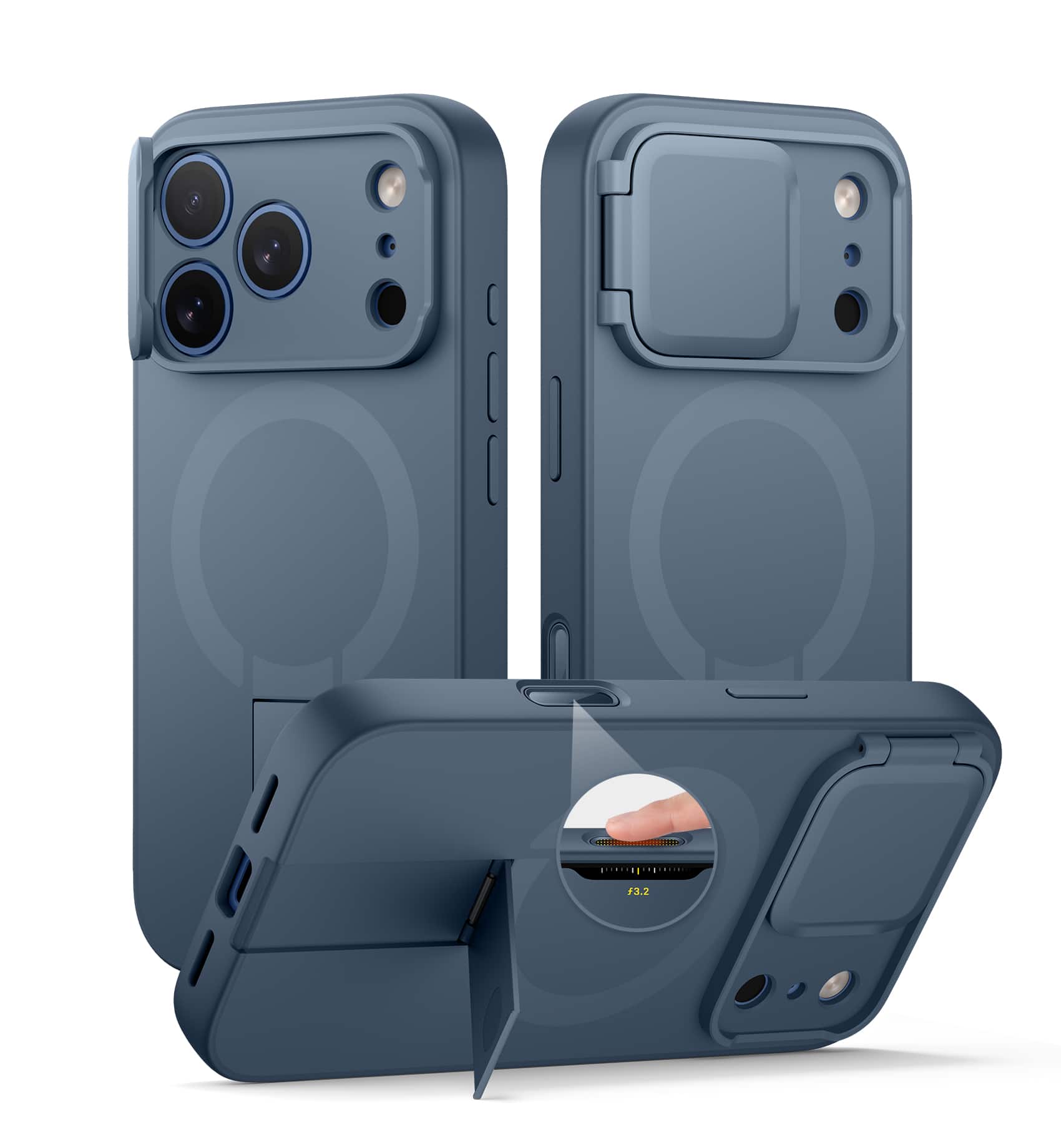 SURITCH - Slim Magnet Case for iPhone 18 Pro Max, Compatible with MagSafe, Built in Kickstand & Camera Button - Deep Blue