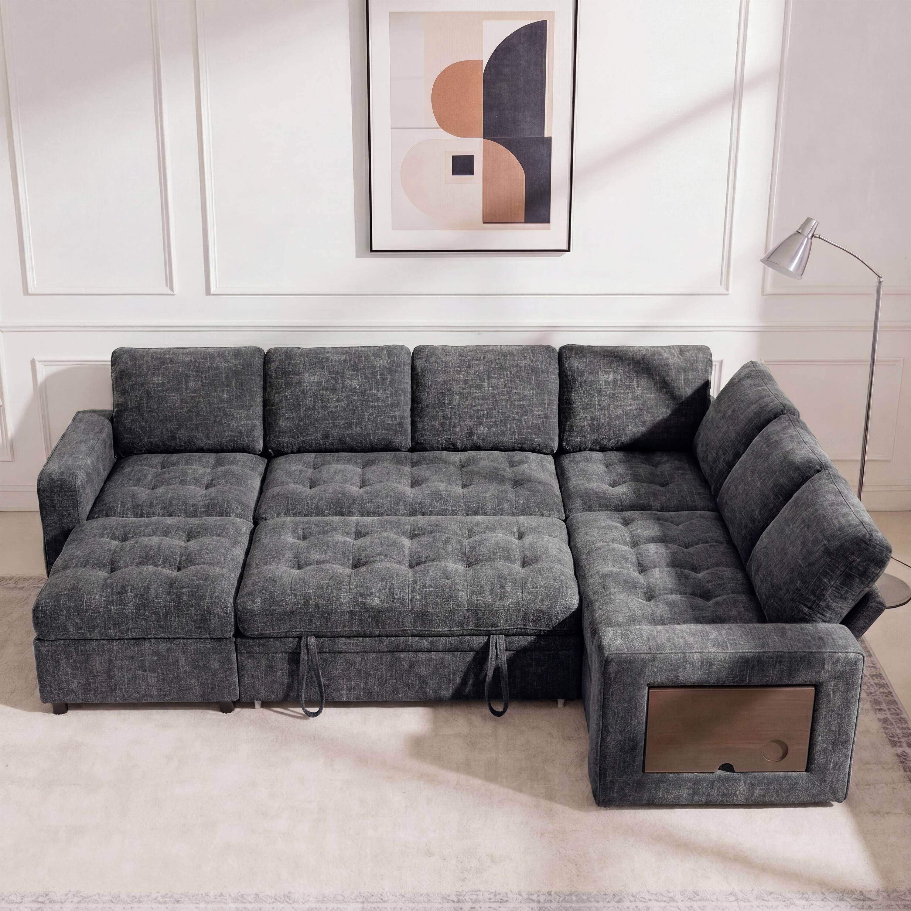 Dyonery - 7 Seat L Shaped Modular Sectional Sleeper Sofa Bed with Pull Out Bed/Reclining Backrest/USB Ports/Storage Seat - Gray