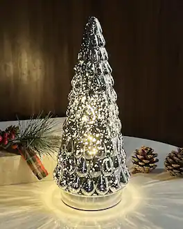 Alchemy Casas - Mercury Glass Christmas Tree Small Tabletop Light Operated Mini Xmas Fireplace Bathroom Decor glass decoration - Silver