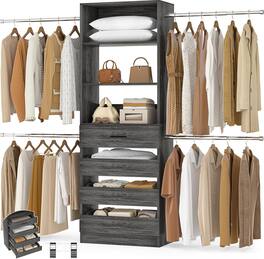 Aheaplus - 4-9FT Adjustable Wooden Closet Organizer, 4 Drawers & 4 Hanging Rods, Heavy Duty Walk-in Wardrobe System - Gray Oak